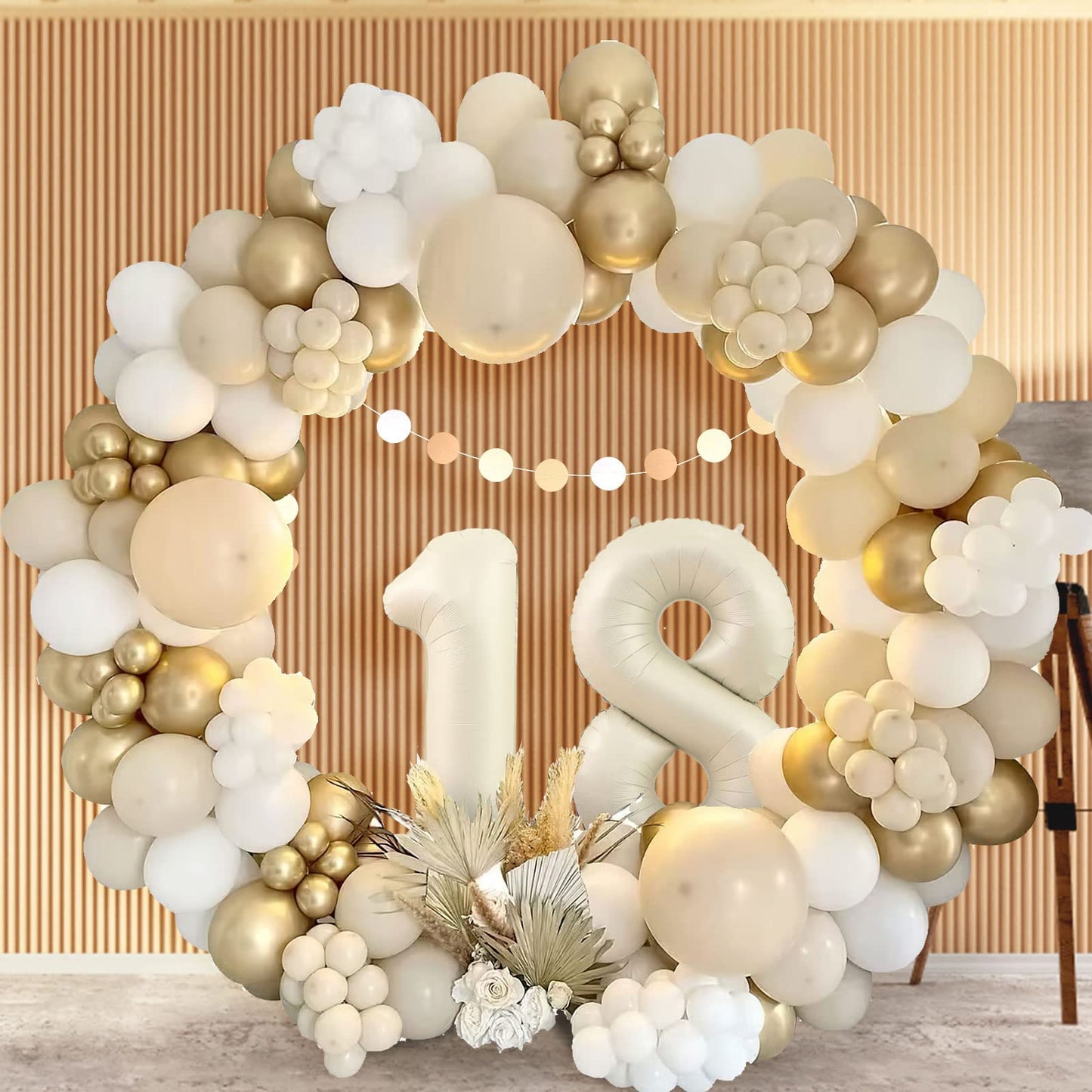 18th Birthday Decoration for Girl Boy,Sand White Gold Birthday Party Decorations,18th Birthday Balloons Beige Gold,Happy Birthday Banner,Number 18 Balloons,Pom Poms for Girl Birthday Party Decorations