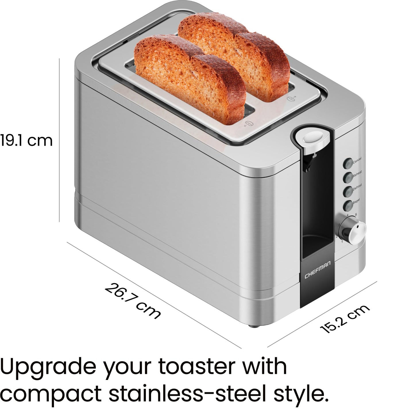 Chefman 2 Slice Toaster, 7 Shade Settings, Stainless Steel, 2 Slice with Extra-Wide Slots, Thick Bread and Bagel Toaster, Reheat, Defrost, Cancel, Lift Lever, Removable Crumb Tray Stainless Steel - U.k. Version