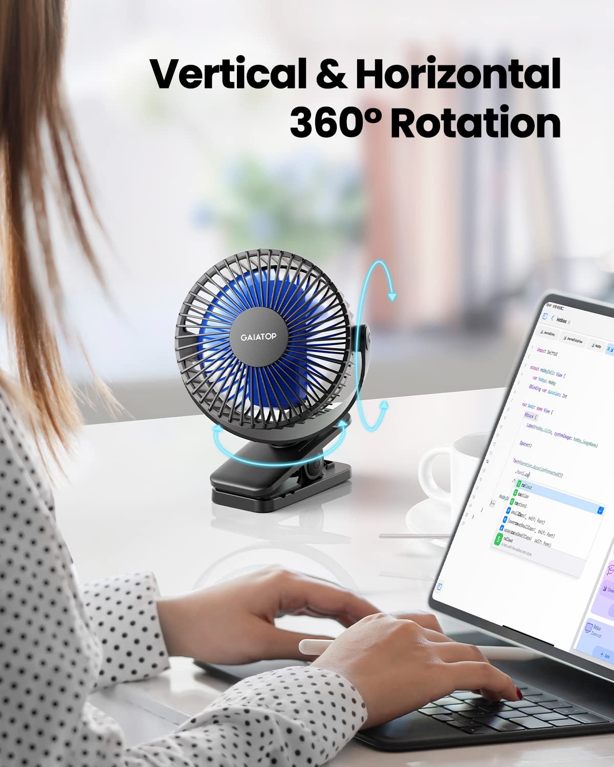 gaiatop Portable Clip on Fan Battery Operated, Small Powerful USB Desk Fan, 3 Speed Quiet Rechargeable Mini Table Fan, 360° Rotate Personal Cooling Fan for Home Office Stroller Camping Black Blue