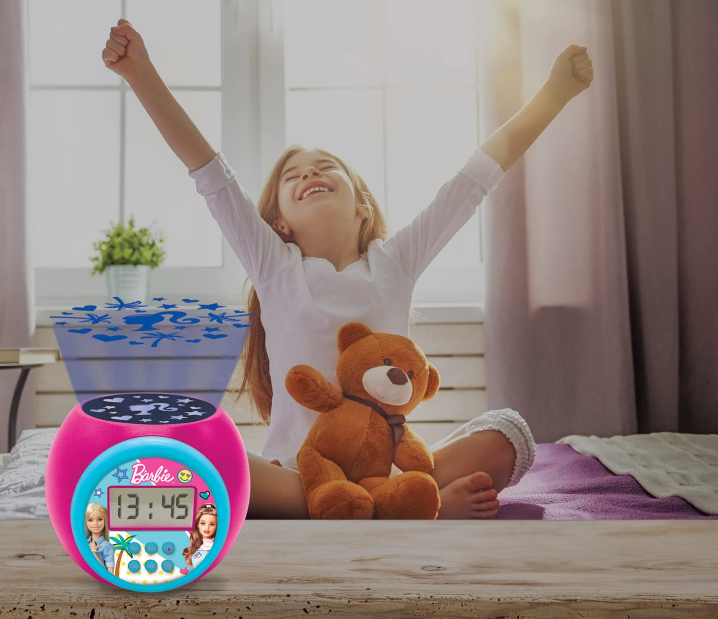 LEXIBOOK Projector Clock Barbie with Snooze Alarm Function, Night Light with Timer, LCD Screen, Battery Operated, Pink