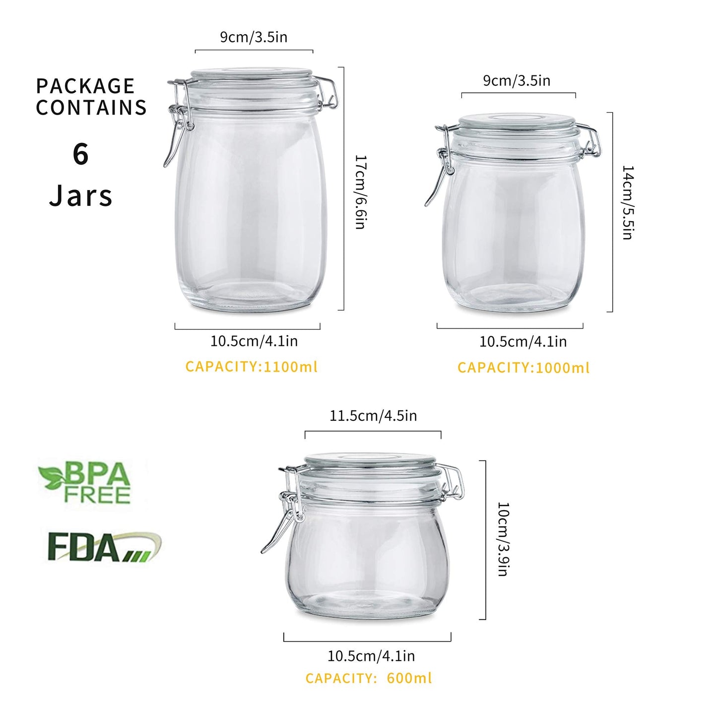 Amisglass Mason Jars Wide Mouth Canning Glass Jars Rubber Seal, with Airtight Lids, Clear Canister for Cereal, Beans, Coffee, Nuts Set of 6 (1100ML*2+1000ML*2+600ML*2) Preserve Container Jars 6 Pieces