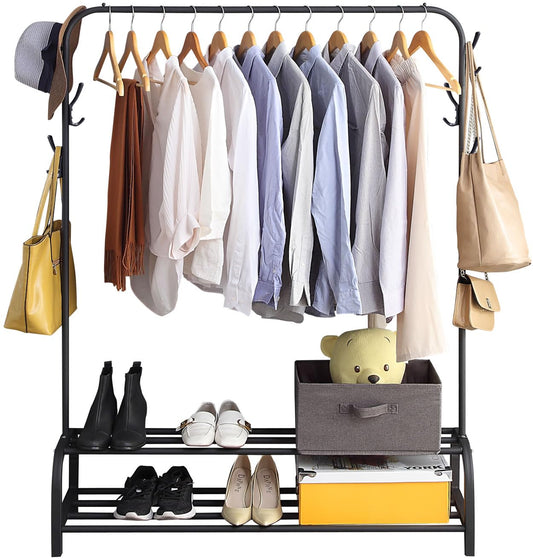 GISSAR Clothes Rail Garment Rack with Shelves, Metal Cloth Hanger Rail Stand Clothes Drying Rack for Hanging Clothes,with Top Rod Organizer Shirt and Lower Storage Shelf for Boxes Shoes Boots Black