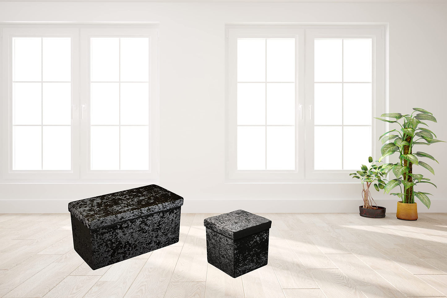 HomeHarmony® Crushed Velvet Quilted Top Folding Storage Ottoman Seat, Stool, Toy Storage Box (Large Black) Large Black