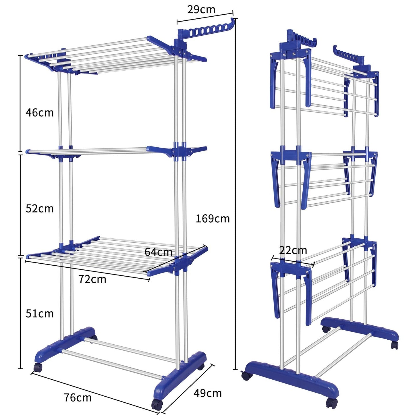 Innotic Clothes Drying Rack Folding Clothes Rail 4 Tier Clothes Horses Rack Stainless Steel Laundry Garment Dryer Stand with Two Side Wings, Blue + Grey 4 Tier Blue + Grey