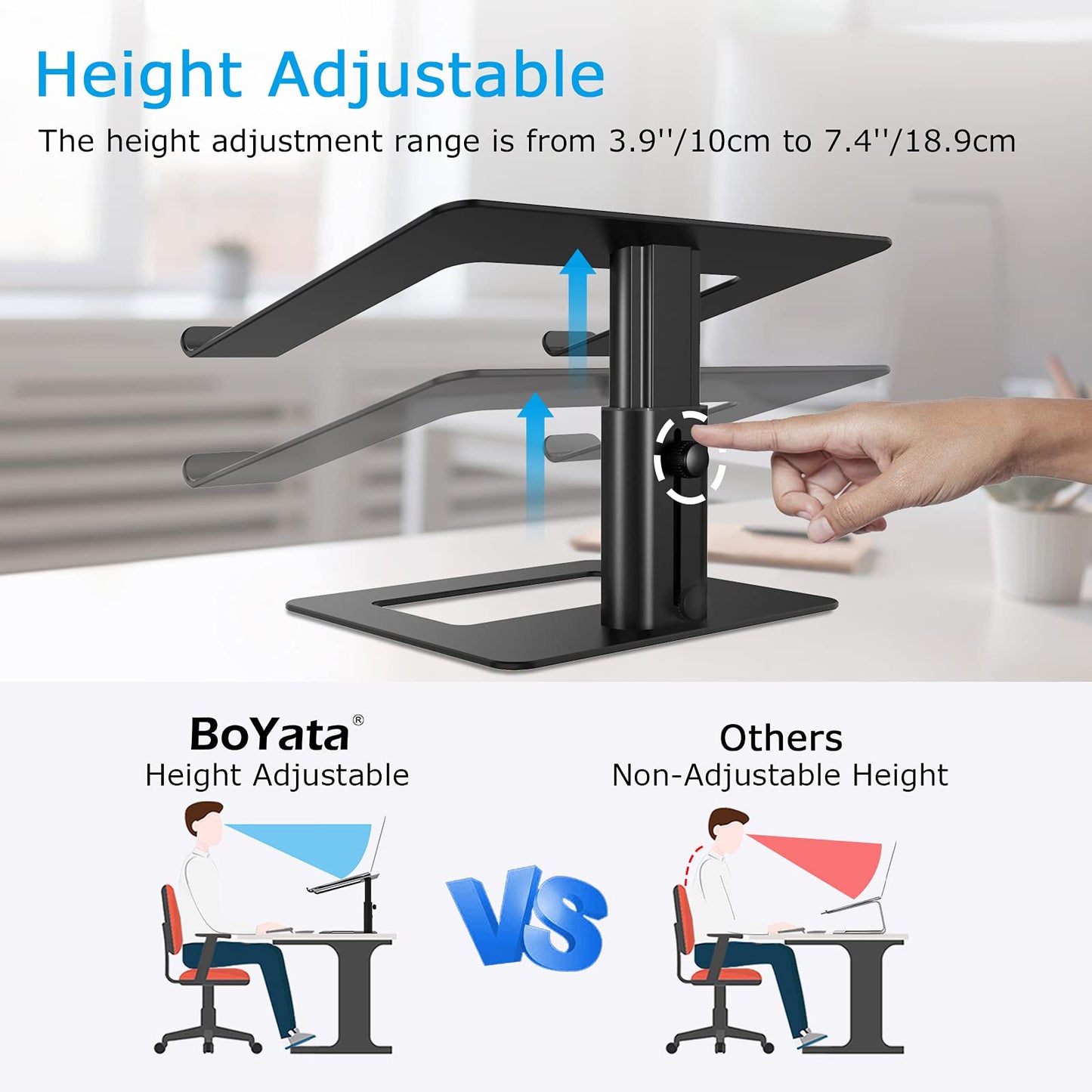 BoYata Laptop Stand, Height adjustable Ventilated Laptop Holder, Notebook Stand Compatible with 10-17'' MacBook Pro/Air, Dell, HP, Samsung, Acer Black