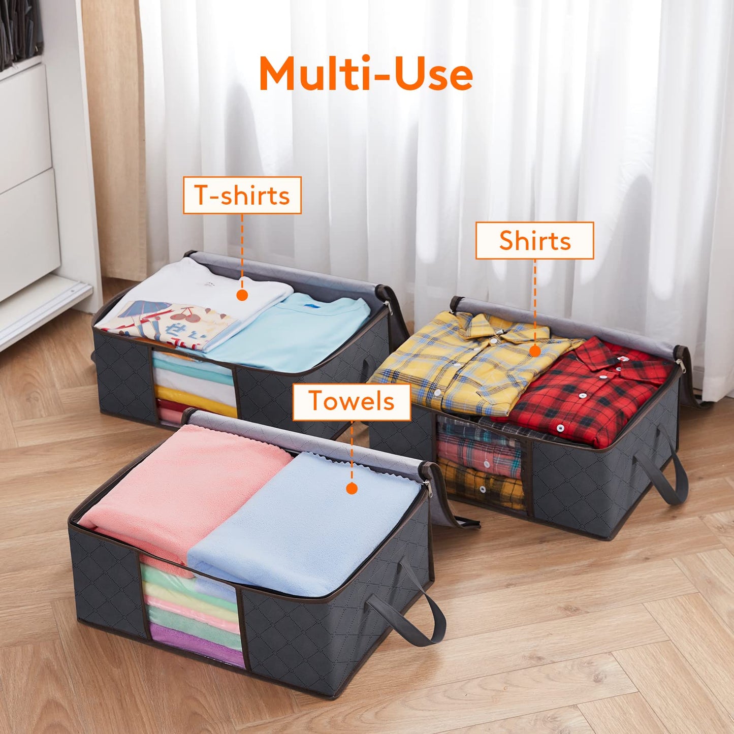 Lifewit 35L Clothes Storage Bag Foldable Storage Boxes with Lids Underbed Wardrobe Storage Organiser with Sturdy Fabric Clear Window for Clothing Bedding Sweaters T-shirts Blankets, 10 Pack, Grey Medium-10 Pack