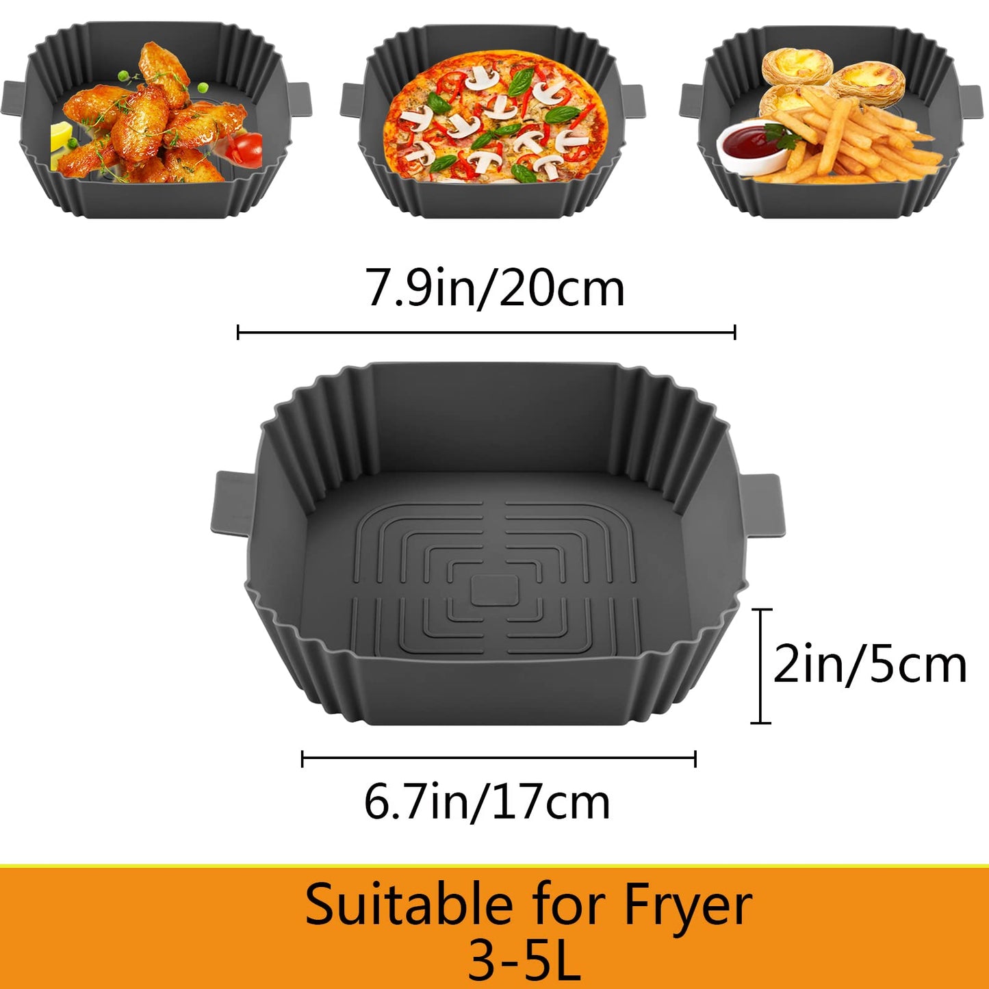 Air Fryer Liners-Square Silicone Air Fryer Liner Reusable,2pcs Air Fryer Silicone Liners Accessories Reusable Airfryer Liner Non-Stick Baking Paper Pot Air Fryers Basket Tray Baking Pan Replacement Grey+grey