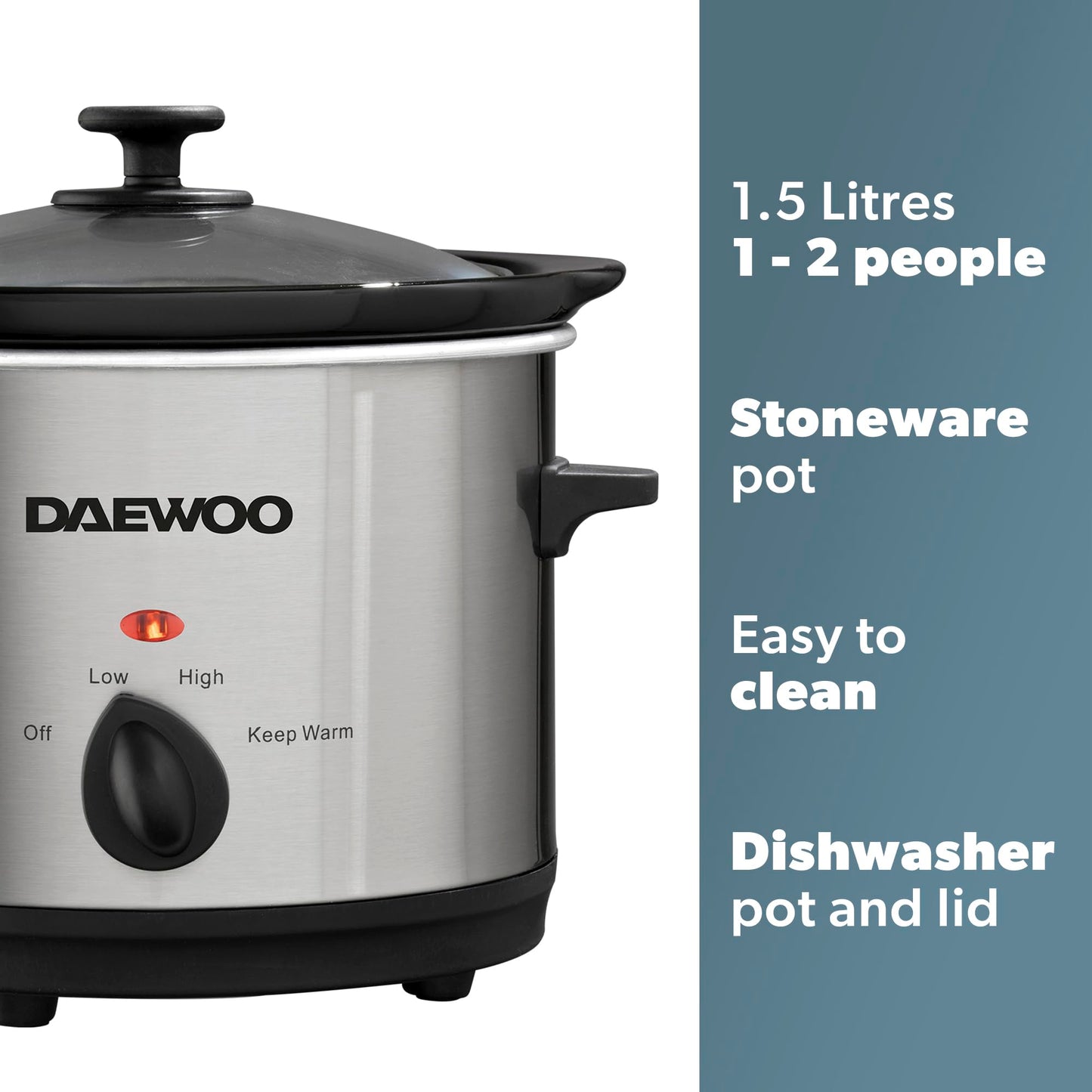 Daewoo Stainless Steel Slow Cooker With 3 Heat Settings And Power Indicator, Dishwasher Safe and Carry Handles With Raised Feet, Easy Clean, 1.5-Litres 1.5L