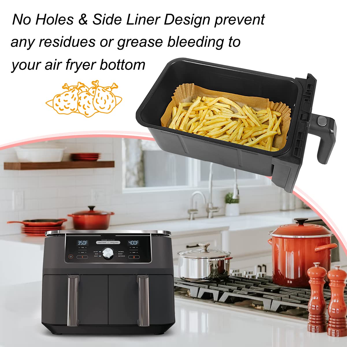 BYKITCHEN 100pcs Air Fryer Liners for Ninja Dual, Air Fryer AF300UK AF400UK Accessories, Disposable Parchment Paper Liner, Compatible with Ninja, Salter, Tower and Other Dual Zone Air Fryer 100PCS-20.5cm*13.5cm