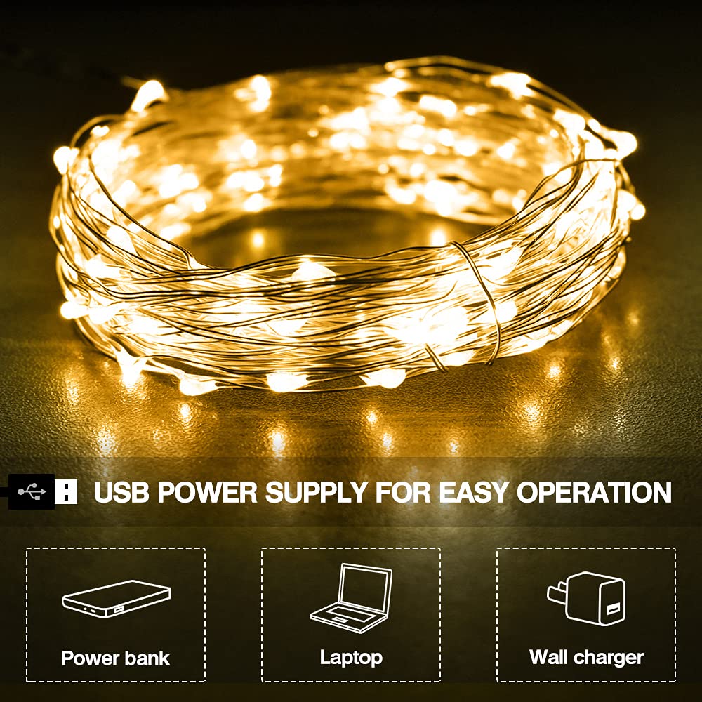 Fairy Lights, 12M 120 LEDs String Lights, USB Plug in Powered IP65 Waterproof Firefly Lights for Party, Bedroom, Wedding, Halloween New Year, Indoor, Outdoor, Christmas, Tree Decoration-Warm White