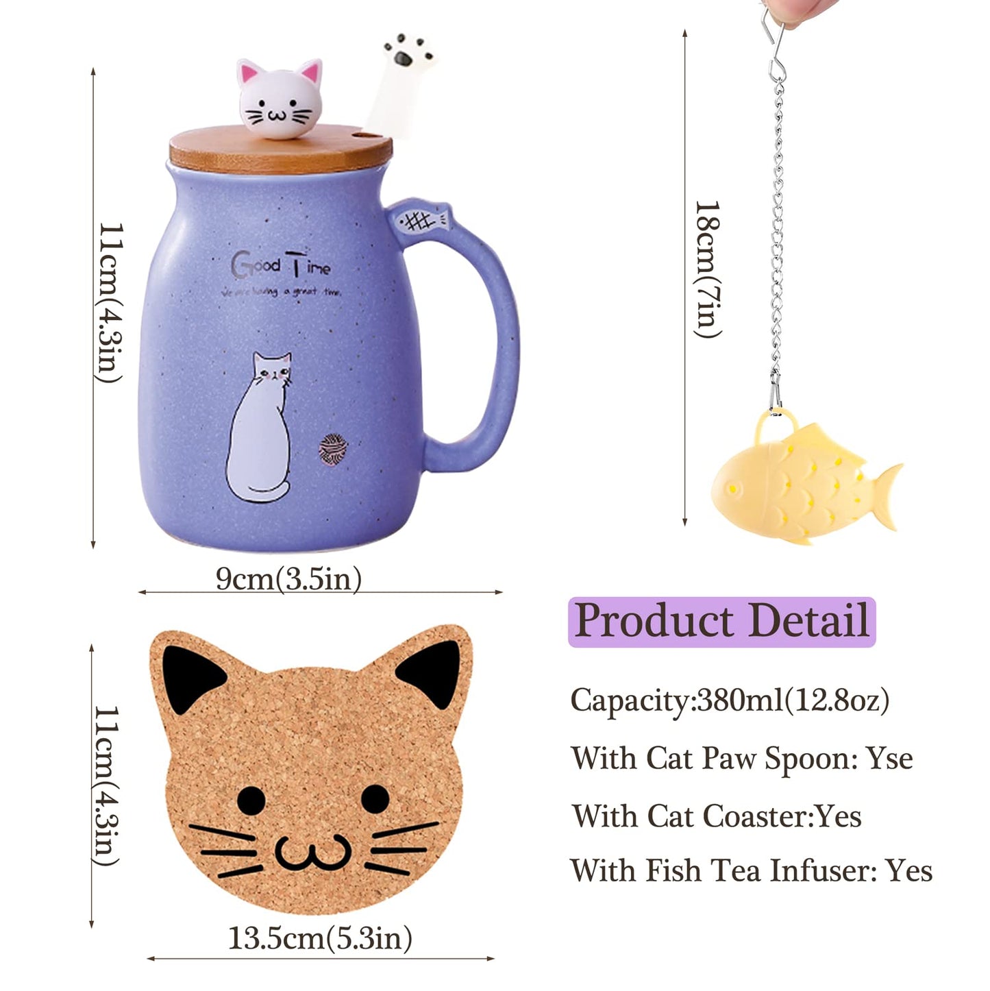 Cat Mug Cute Ceramic Coffee Cup with Lovely Kitty lid Stainless Steel Spoon,Novelty Morning Cup Tea Milk Christmas Mug Gift 380ML (Purple) Purple