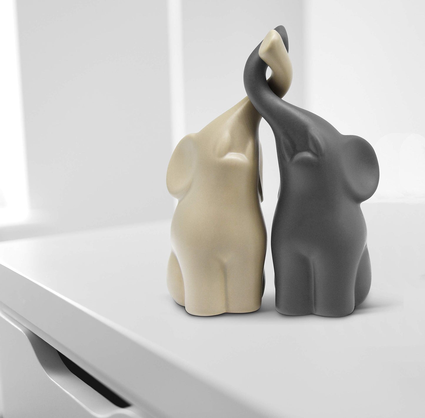 Loving pair of elephants in beige & grey - modern ceramic sculpture as a set - decoration figure 16cm high - elephant well suited as a gift