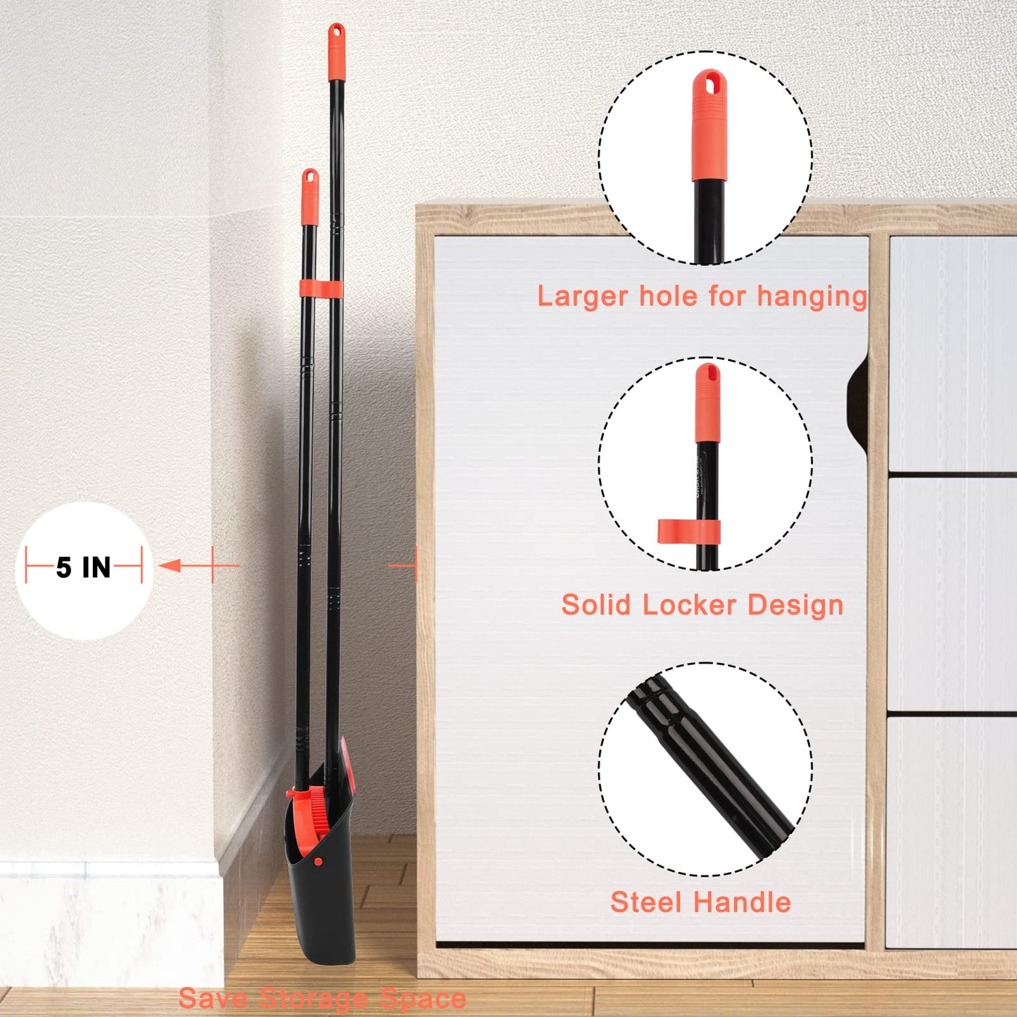 BEI & HONG Broom and Dustpan Set with Long Handle, Upright Stand Up Broom with Dustpan Combo, Heavy Duty Indoor Outdoor Broom and Dustpan Set Black for Home Kitchen Floor Use Orange