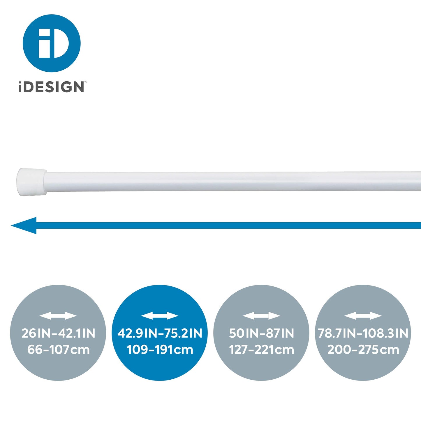 iDesign 78572 Shower Curtain Rail, Medium Length Metal Tension Rod with No Drilling, Telescopic Shower Curtain Pole for Bathroom and Shower, White, 109 - 191 cm