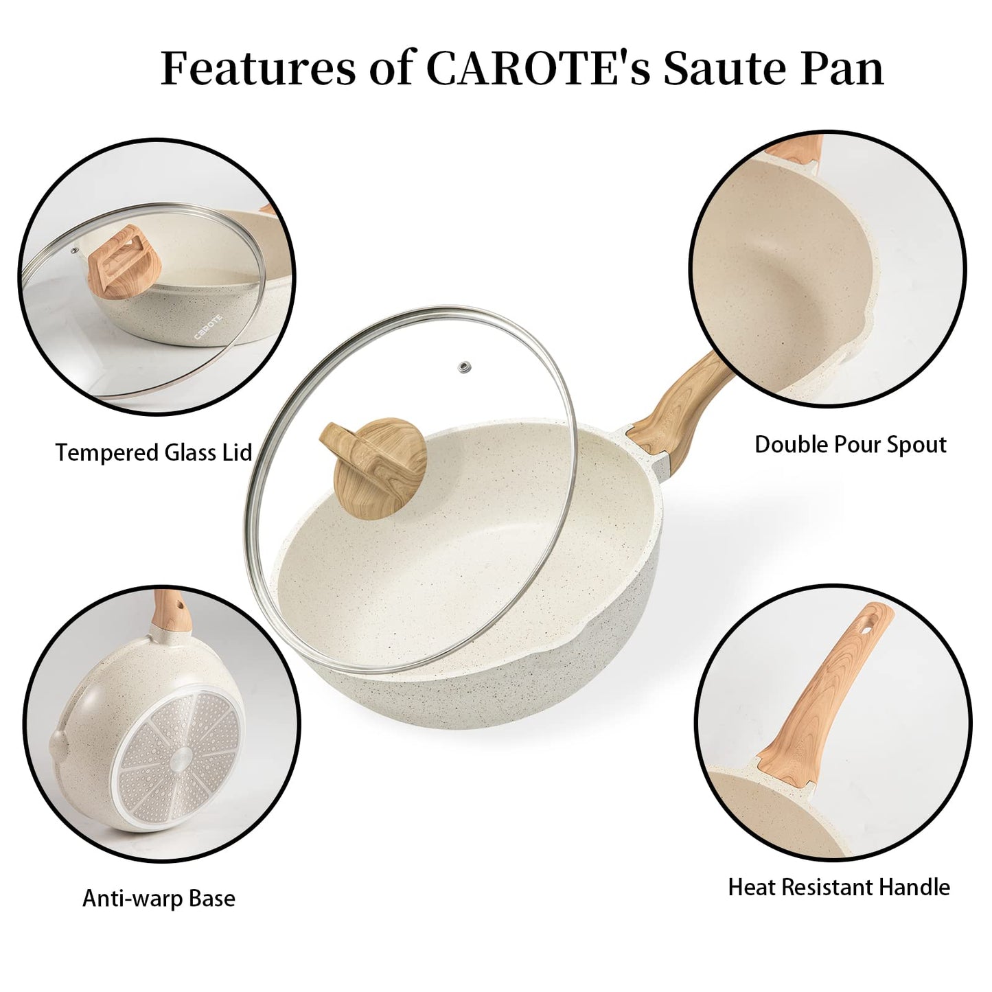 CAROTE Saute Pan with Lid, Non Stick Induction deep Frying pan with Lid for All Hobs, 28cm/4.3 Litre White Granite