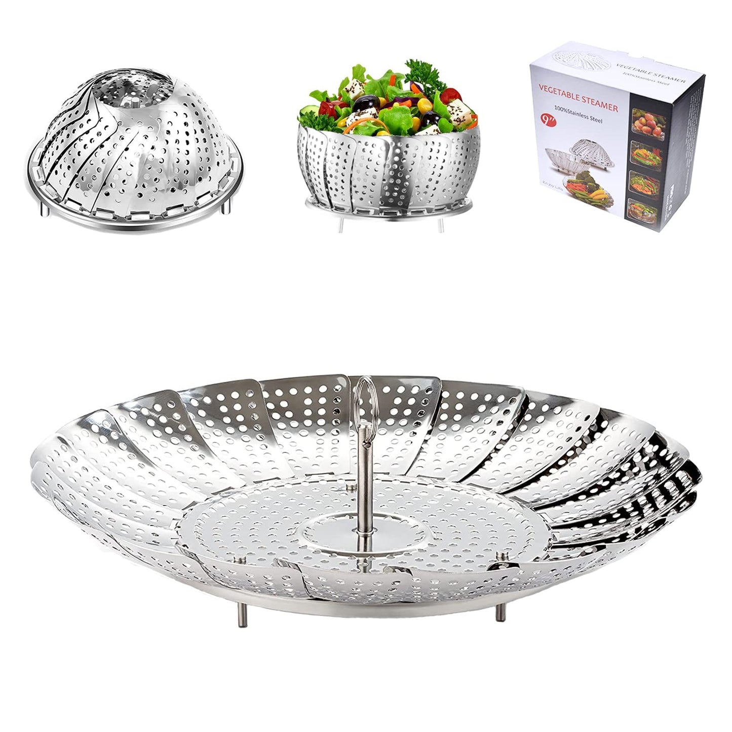 BangShou Steaming Basket for Cooking, Stainless Steel Vegetable Steamer for Saucepan, Metal Collapsible Pan Steamer Insert for Food, Small Folding Veg Petal Steamer with Handle (9'') 9''