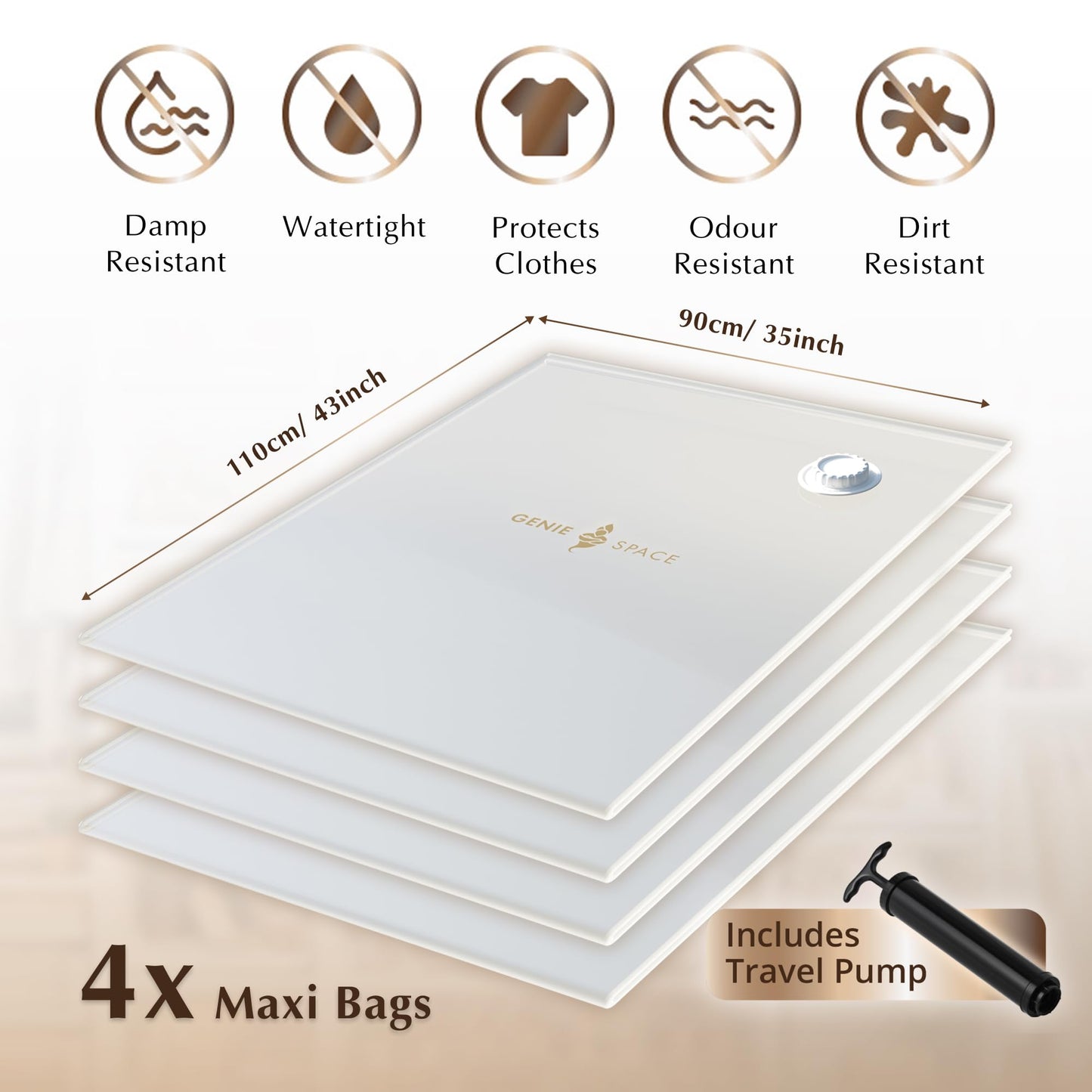 GENIE SPACE Max Vacuum Storage Bags - Pack of 4, 110x90cm | Strong XXL Jumbo Size Space Saving Bags | Premium Airtight & Reusable Vacuum Bag for Clothes, Duvets, Curtains, etc. | inc Travel Pump Maxi Bags