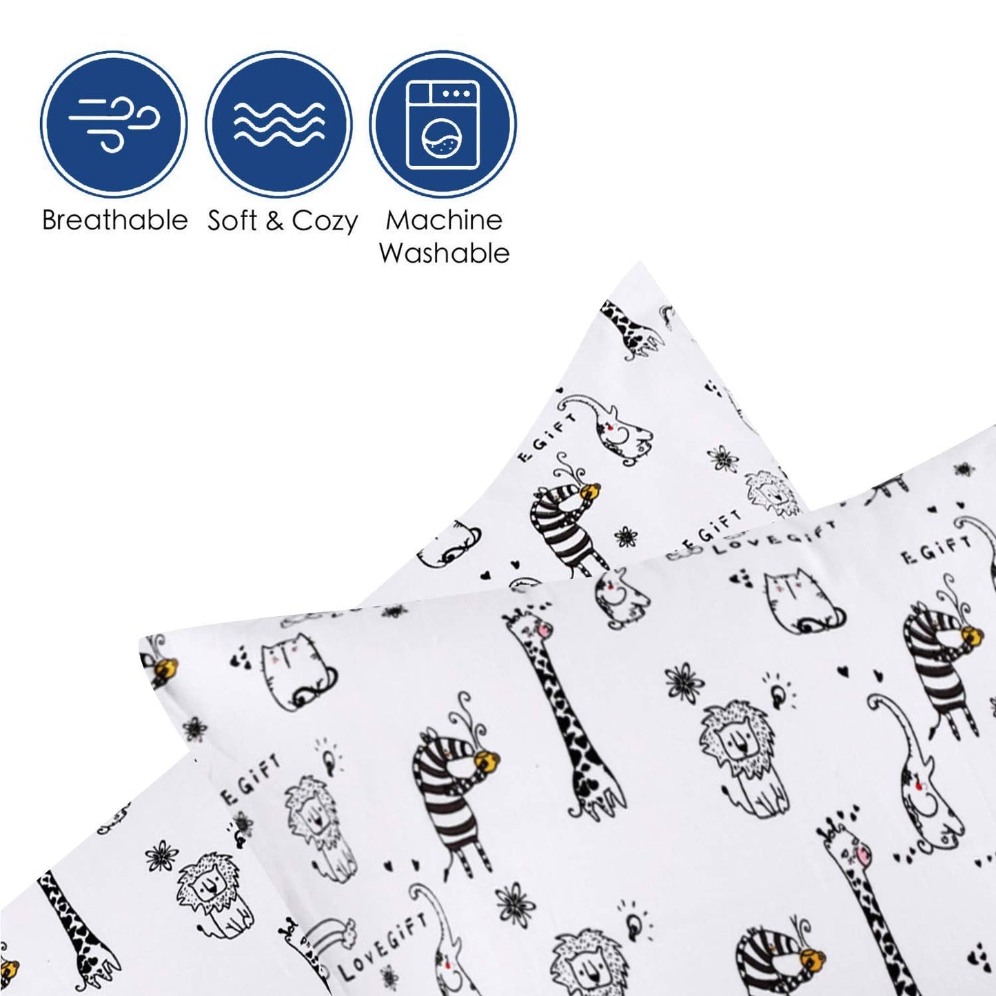 Baby Toddler Pillowcase, Cot Bed Pillow Pair Cases 40 x 60cm, 2 Pack 100% cotton Pillow Cover for Boys Girls Kids Bedding, Envelope Closure Machine Washable Travel Pillow Pillowcase White-animal 40x60 cm (Pack of 2)