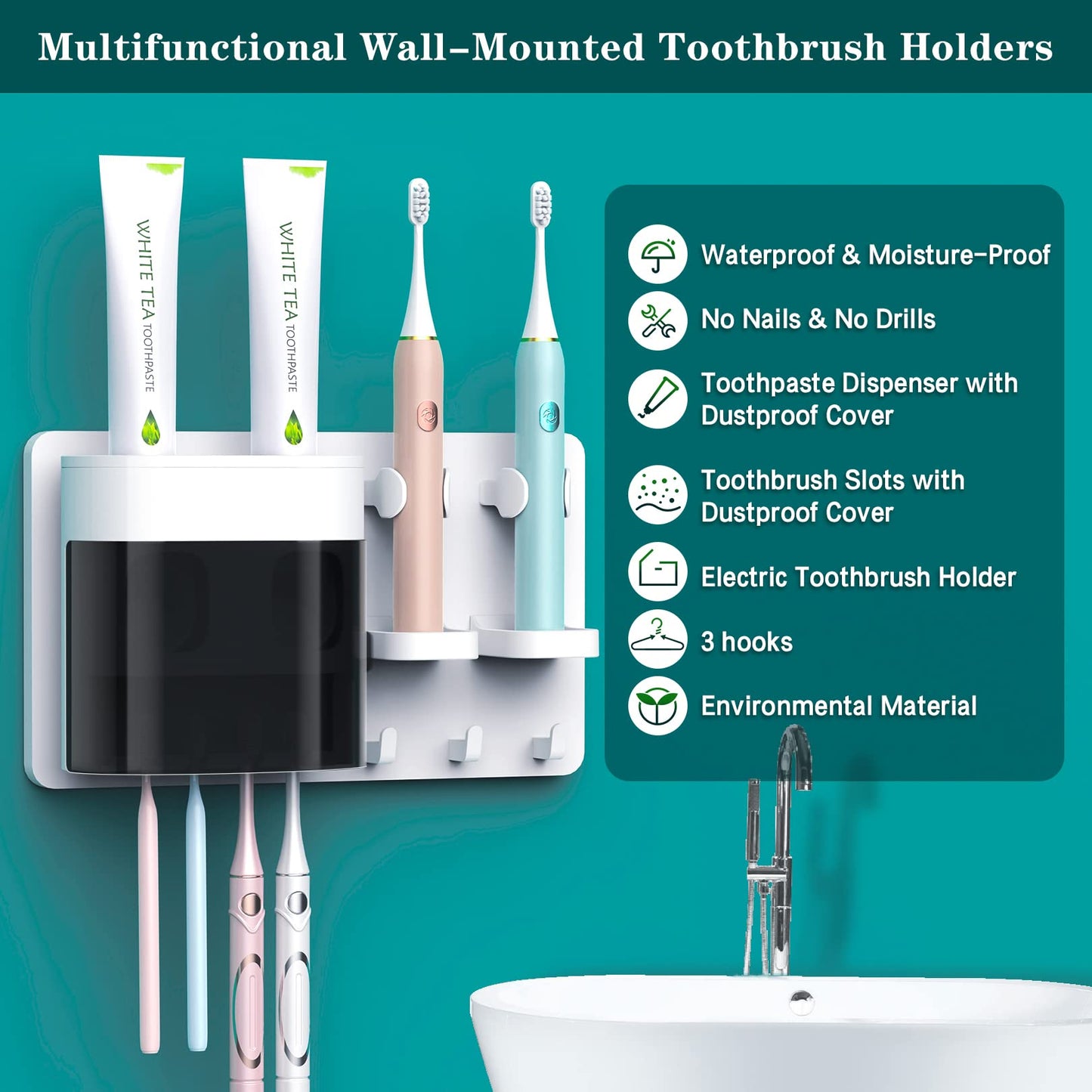 DENSAIL Wall Mounted Automatic Toothpaste Dispenser with Dust-Proof Cover and 2 Toothpaste Squeezer, 2 Electric Toothbrush Holders and 4 Toothbrush Organizer Slots 2 Dispenser