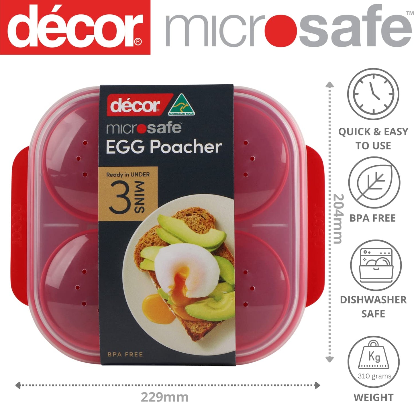 Décor Microwave Egg Poacher Cups for 4 | Food Grade Poached Egg Maker | Non-stick, Easy to Clean, BPA-free Plastic - Red 4 Egg Tray