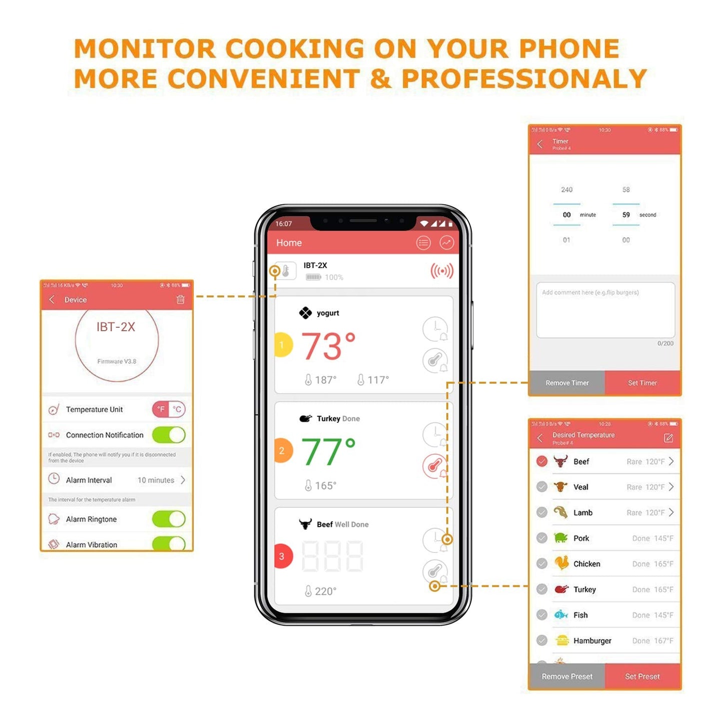 Inkbird IBT-2X, LCD, LED, Bluetooth 4.0 Grill Thermometer, Cooking Thermometer with Temperature Alarm, Oven Thermometer, Meat Thermometer with 2 Stainless Steel Probes for Grill, Baking, Roasting IBT-2X+2 Sonden