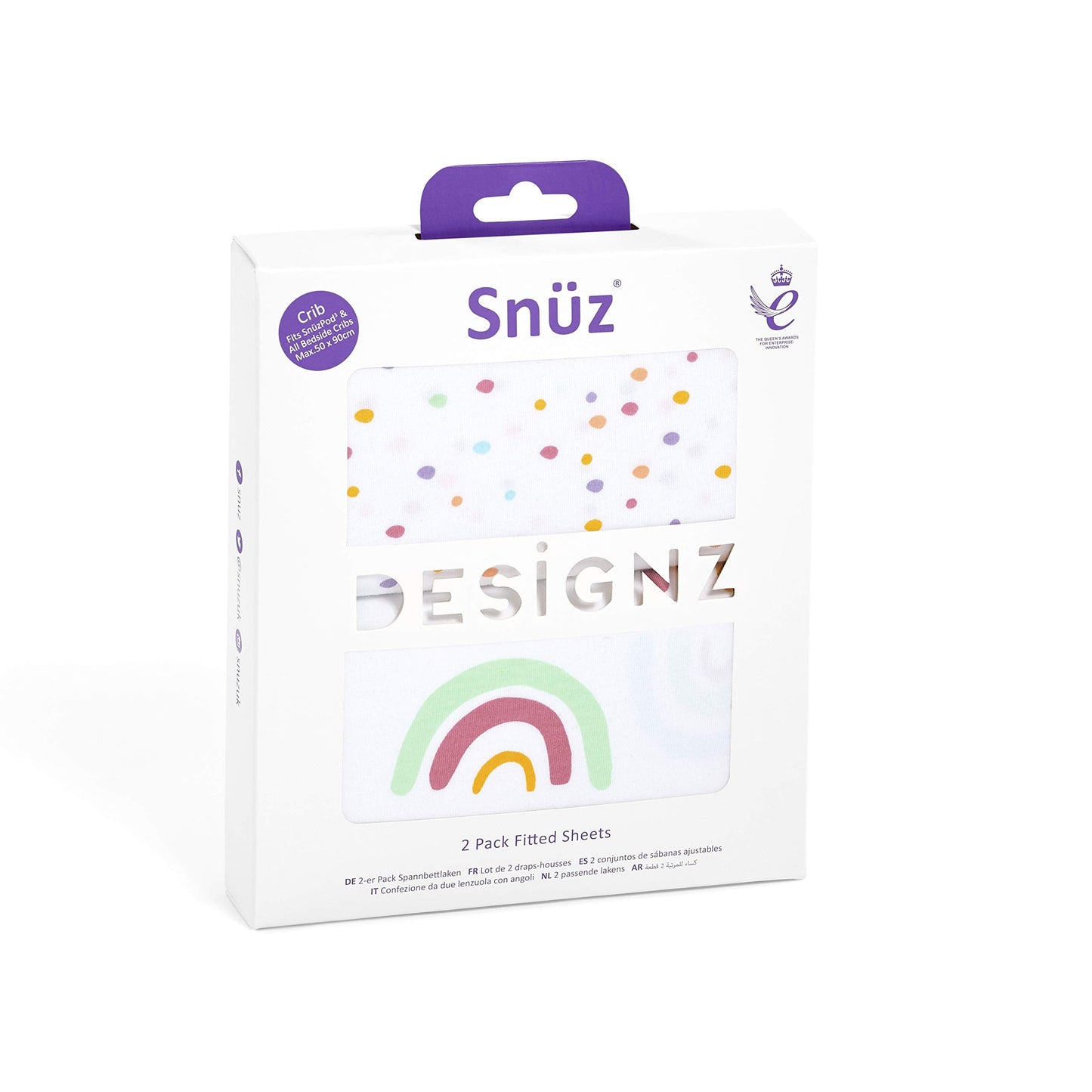 2 Pack Crib Fitted Sheets 44 x 80cm – Rainbow Design – Light, Breathable & Luxurious Jersey Cotton Made To Last & Designed To Fit SnüzPod Bedside Cribs