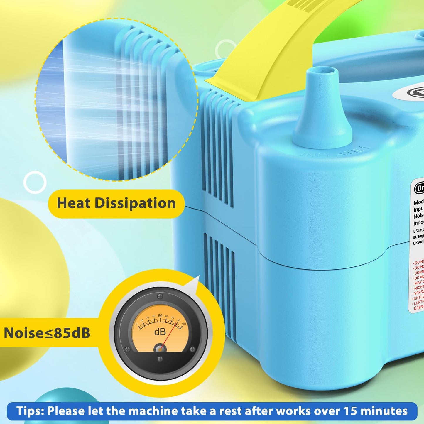 Electric Balloon Pump, Dr.meter 600W Portable Balloon Pump Electric Dual Nozzle High Power for Party, Wedding, Birthday, Activities and Festival Decoration (AC220-240V) Blue + yellow