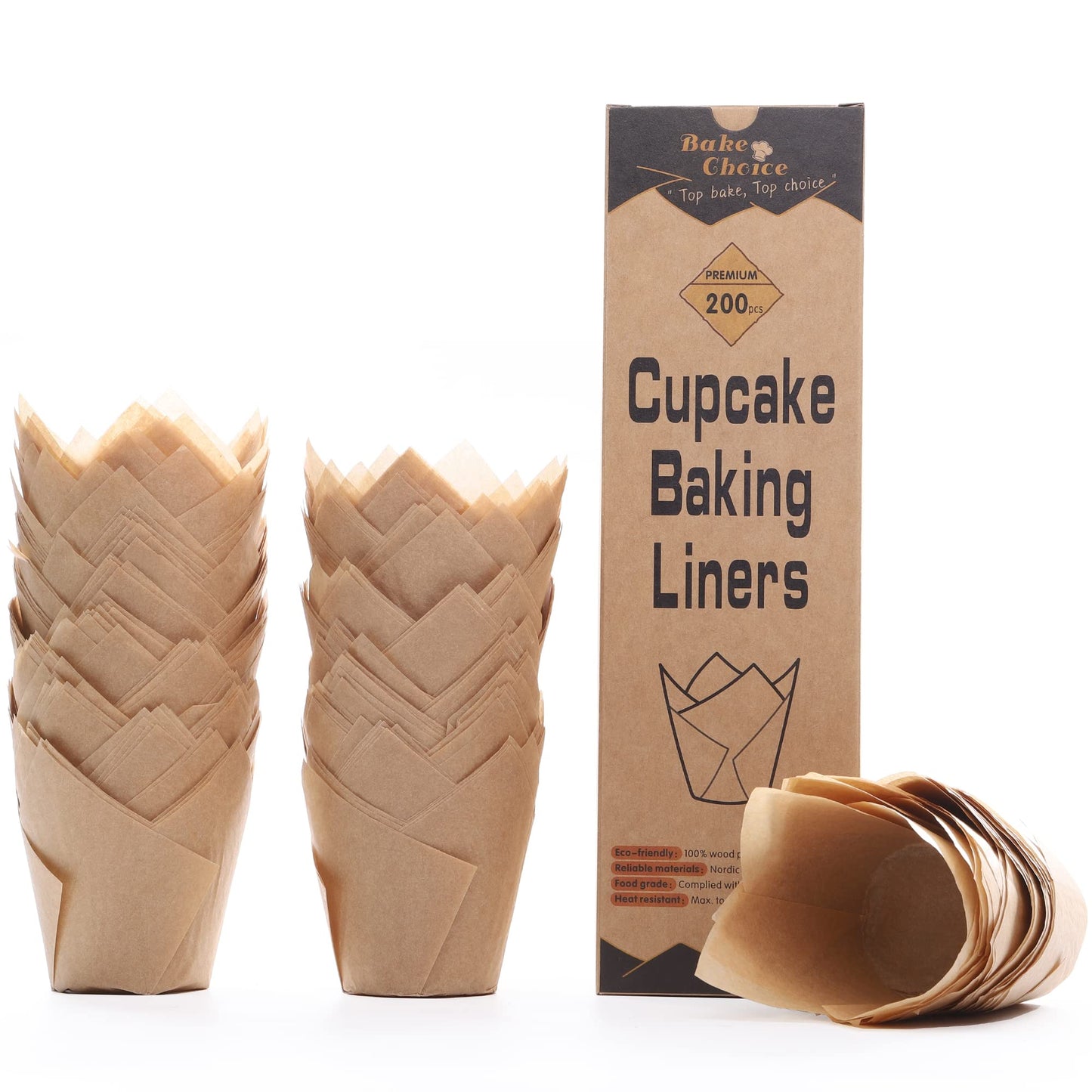 Bake Choice Nordic Paper 200pcs Natural Tulip Muffin Cases for Baking, Unbleached EU Parchment Paper Tulip Cupcake Cases, Cupcake Wrapper for Party, Christmas