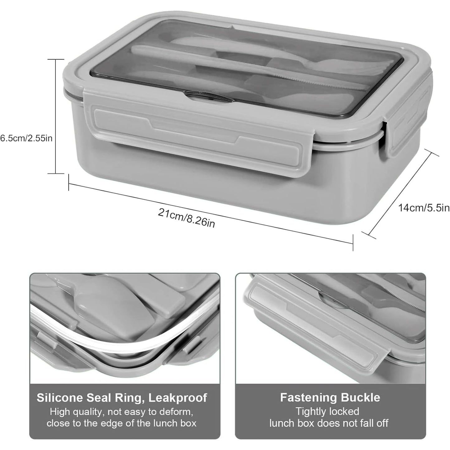 IJIAMY 1400ml Bento Lunch Box, Container with 3 Compartments, Cutlery, Dishwasher, BPA Free Sandwich Box for Adults and Kids Grey