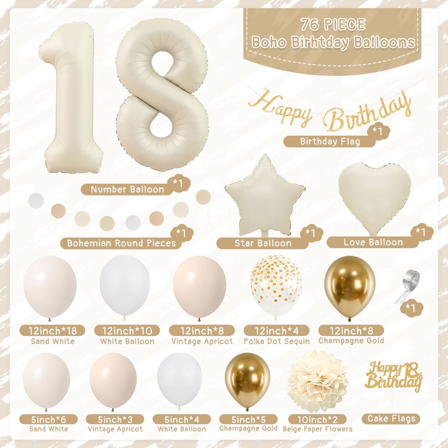 18th Birthday Decoration for Girl Boy,Sand White Gold Birthday Party Decorations,18th Birthday Balloons Beige Gold,Happy Birthday Banner,Number 18 Balloons,Pom Poms for Girl Birthday Party Decorations