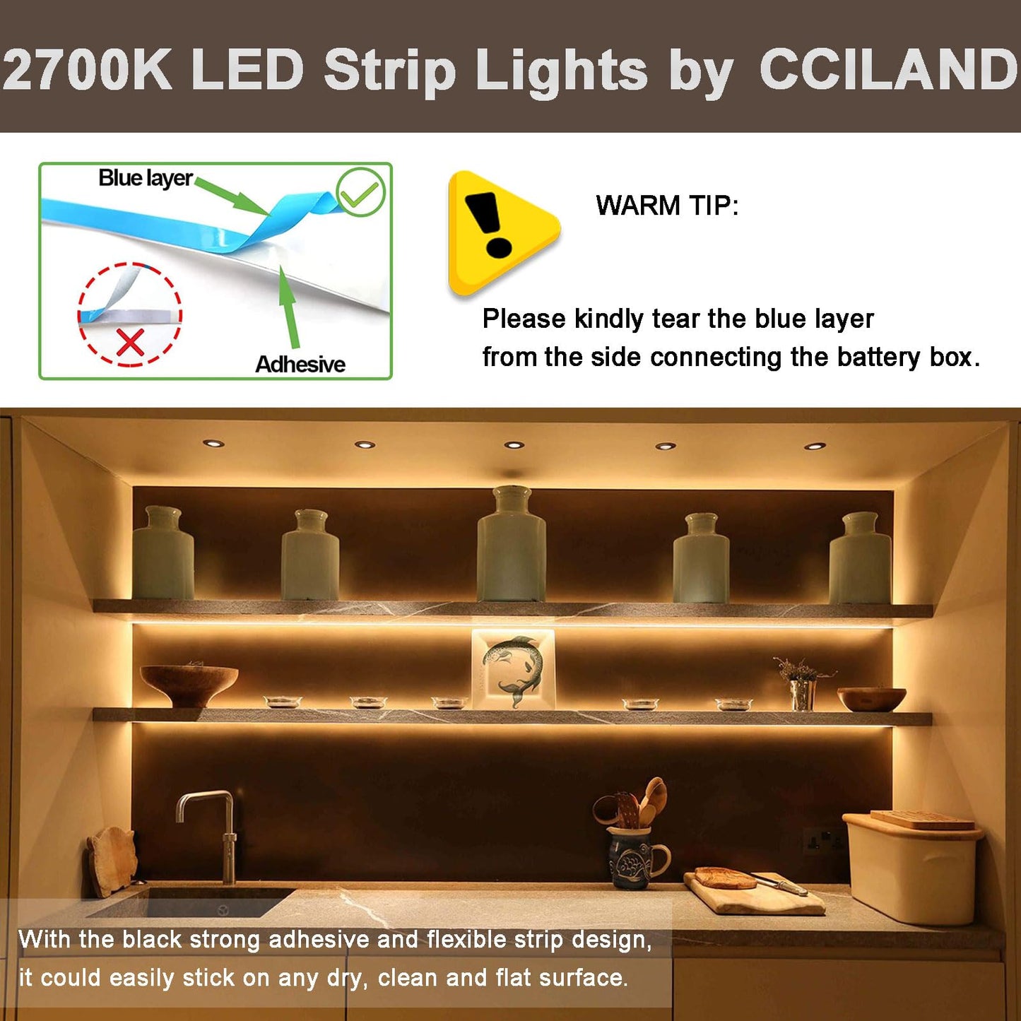 CCILAND 3m Battery LED Strip Lights with Remote Control, 90 LED Lights Strip Waterproof, 8 Modes, Dimmable, Timer, Self-Adhesive, Cuttable for Bedroom Mirror Kitchen Cabinet Patio Decor (Warm White) Warm White