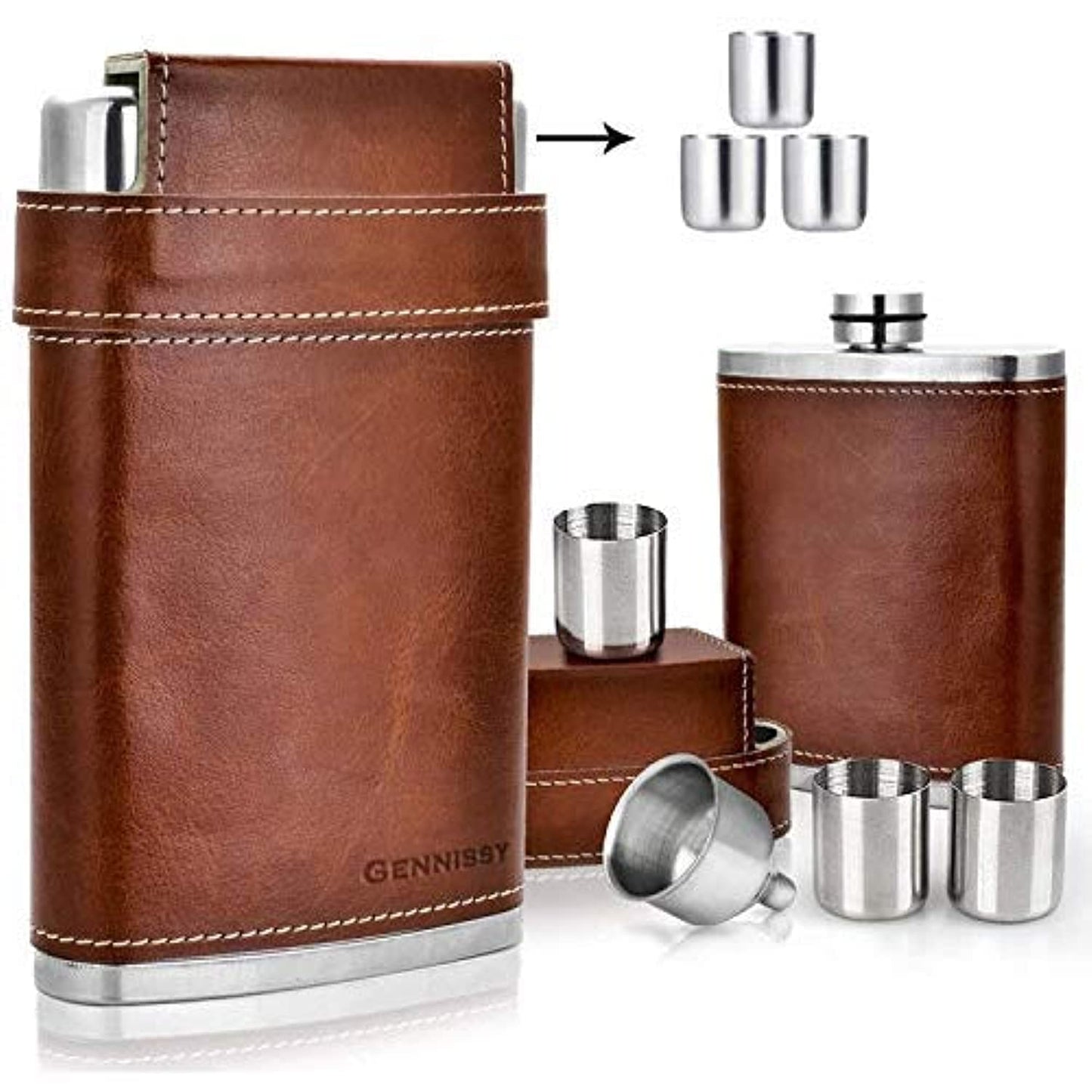 GENNISSY 8oz Hip Flask with Funnel - Stainless Steel with Leather Wrapped Cover and 100% Leak Proof Brown