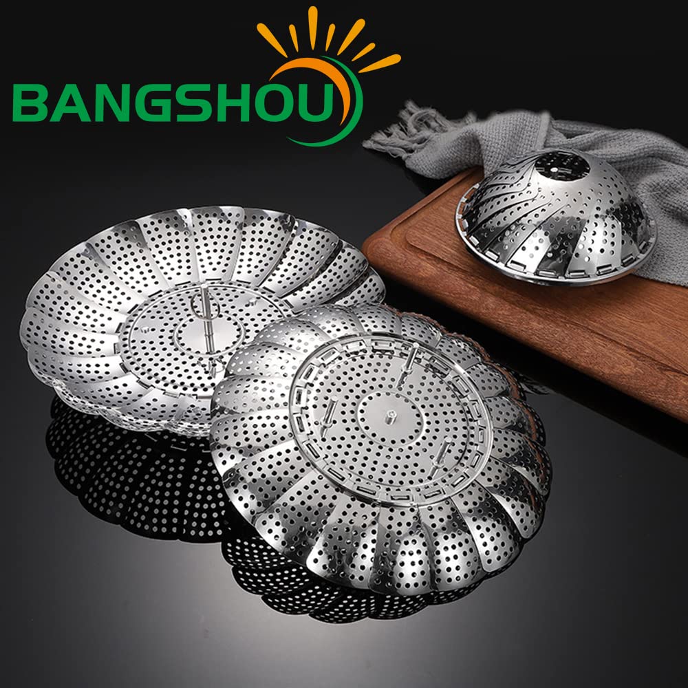 BangShou Steaming Basket for Cooking, Stainless Steel Vegetable Steamer for Saucepan, Metal Collapsible Pan Steamer Insert for Food, Small Folding Veg Petal Steamer with Handle (9'') 9''