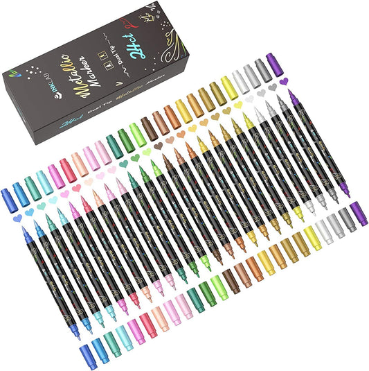 INK LAB Metallic Marker Pens Dual Tip 24 Color Metallic Paint Pens for Black Paper Rock Album Scrapbook Metal Ceramic Glass, Medium & Brush Tip 24 Colors