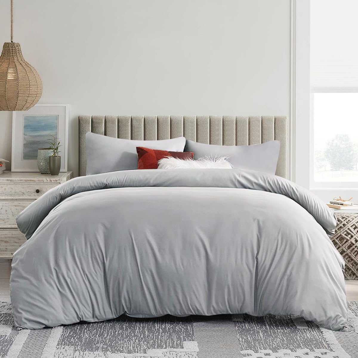 Aisbo Double Duvet Set with Sheet - Light Grey 4 Pieces Microfiber Bedding Set for Double Bed, Includes Duvet Cover, Fitted Sheet and Pillowcases