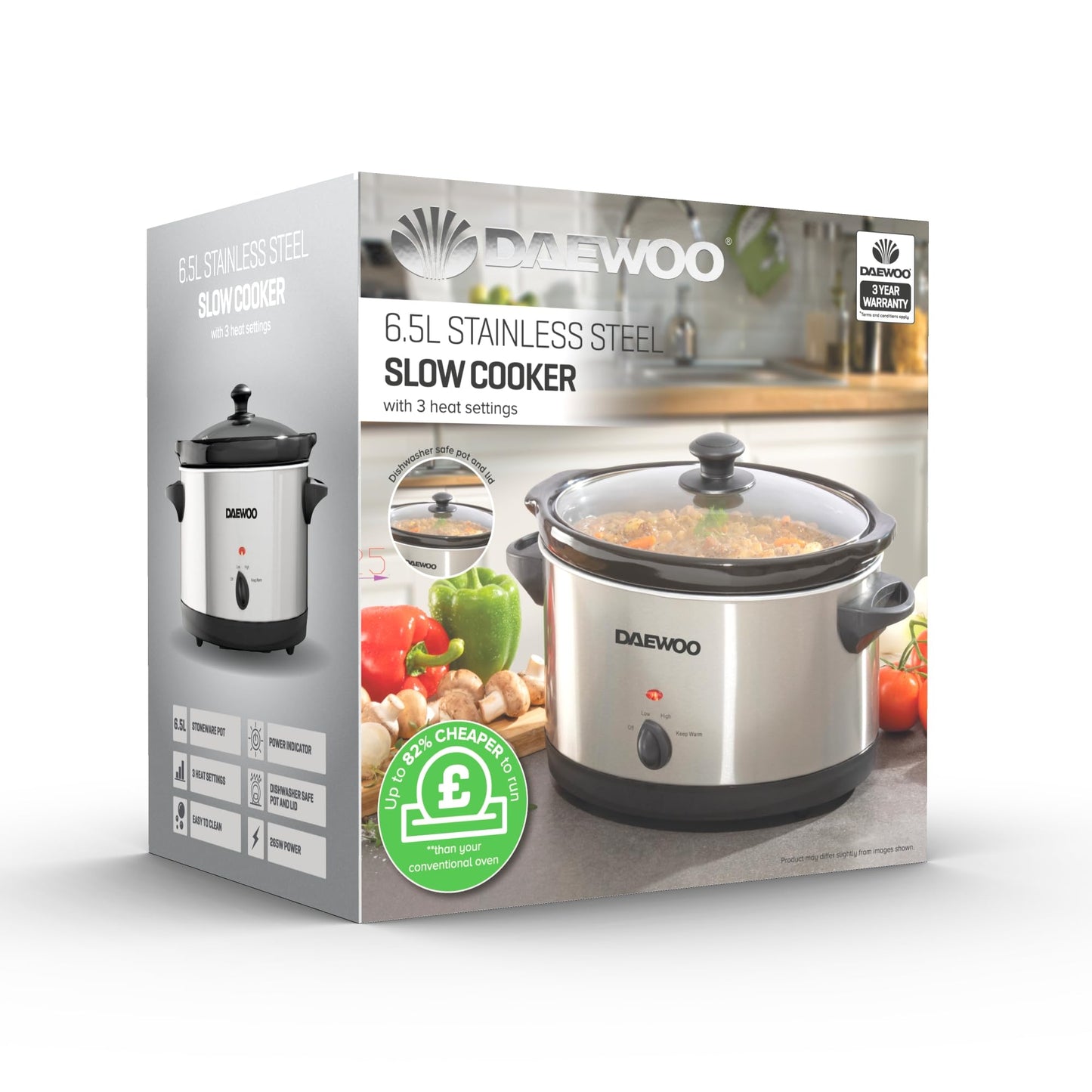 Daewoo SDA1788 6.5L Slow Cooker | Stainless Steel | 3 Heat Settings | Dishwasher Safe Pot & Lid | Power Indicator | Useful Carry Handles | Raised Feet | Manual Temperature Control | 300W, Grey