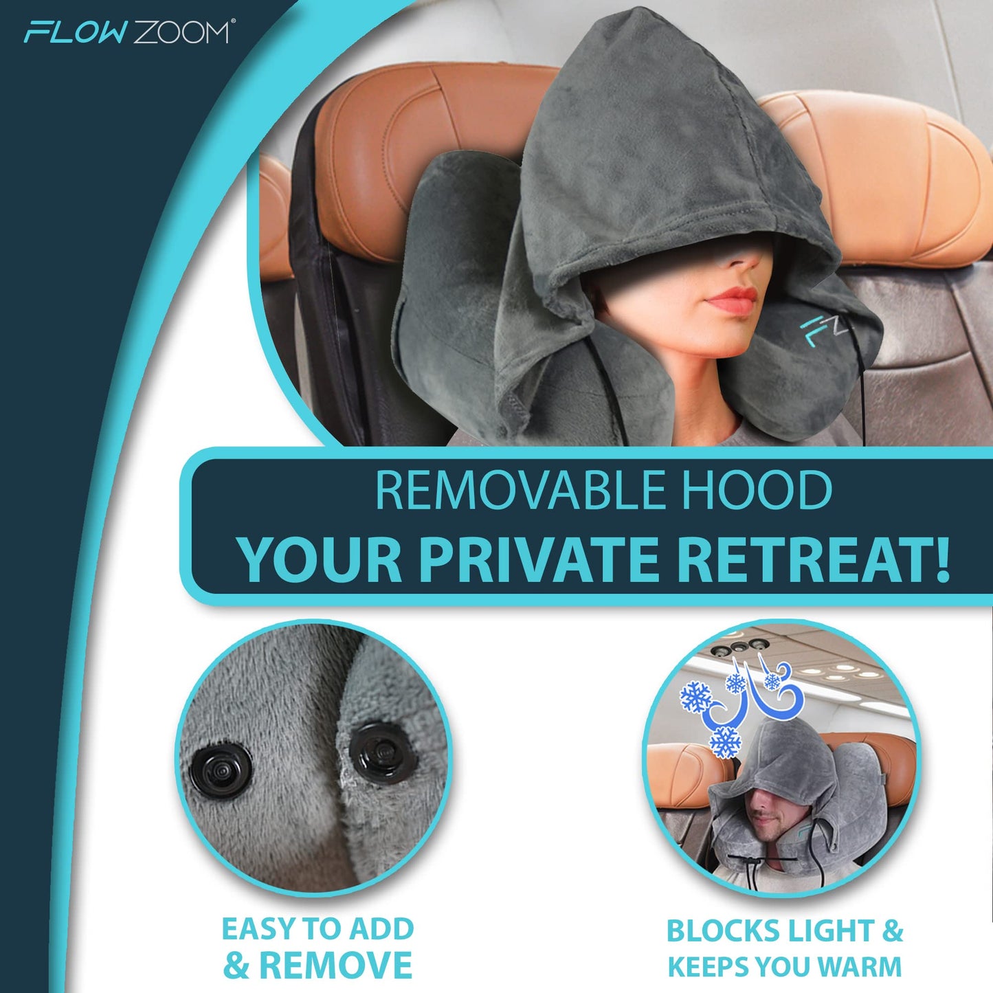 FLOWZOOM AIR Inflatable Travel Pillow for Airplane - Hooded Neck Pillow for Travel - Inflatable Travel Neck Pillow - Plane Pillow - Neck Cushion - Flight Pillow - Travel Neck Pillows for Adults – Grey Grey - Size L