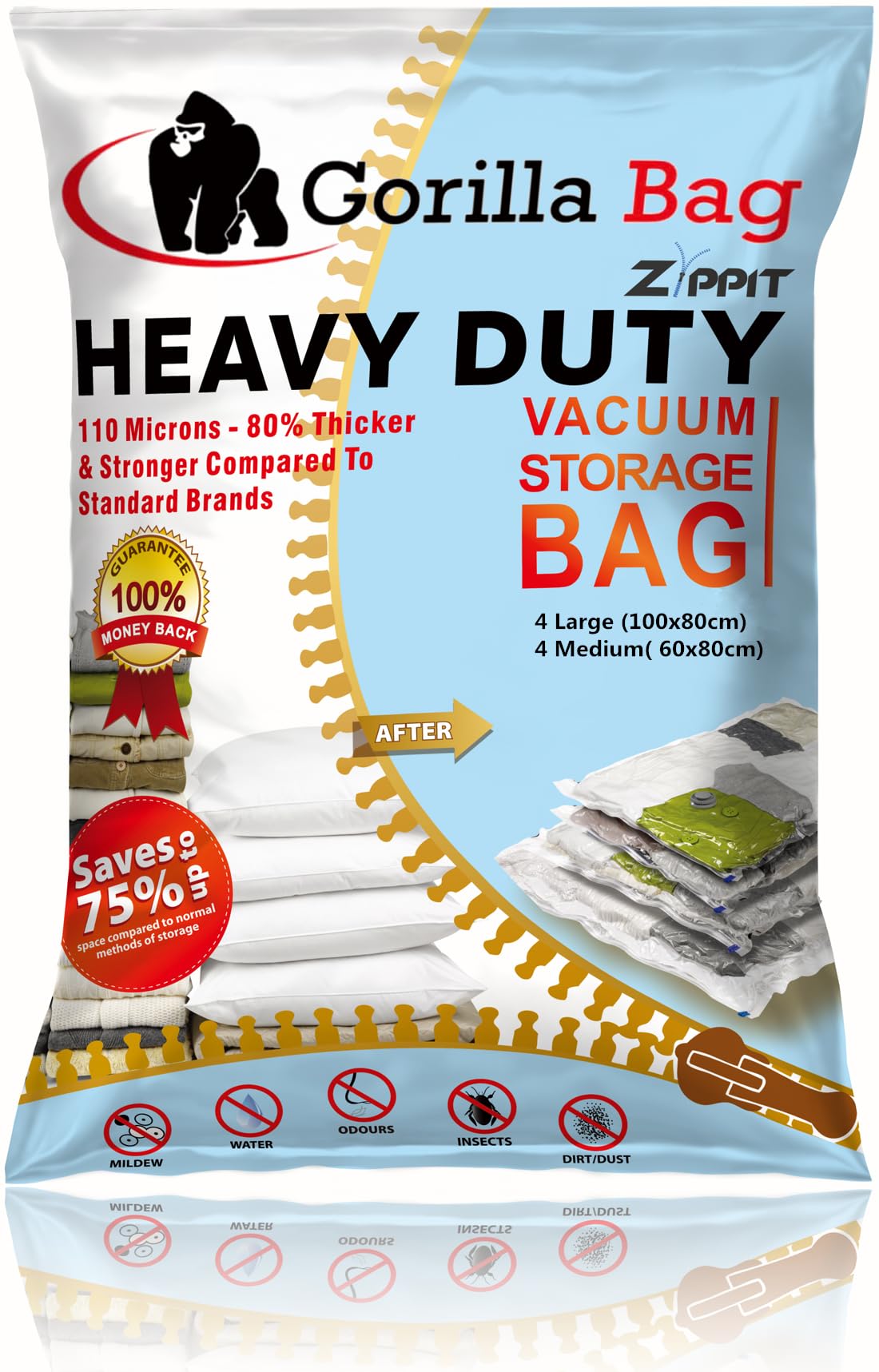 HEAVY DUTY 8 VACUUM STORAGE BAGS by Gorilla Bags. 4 Large (100x80cm), 4 Medium (60x80cm). Double Zip Seal & Unique Turbo Valve Keeps Items Compressed For Longer 4 Large, 4 Medium