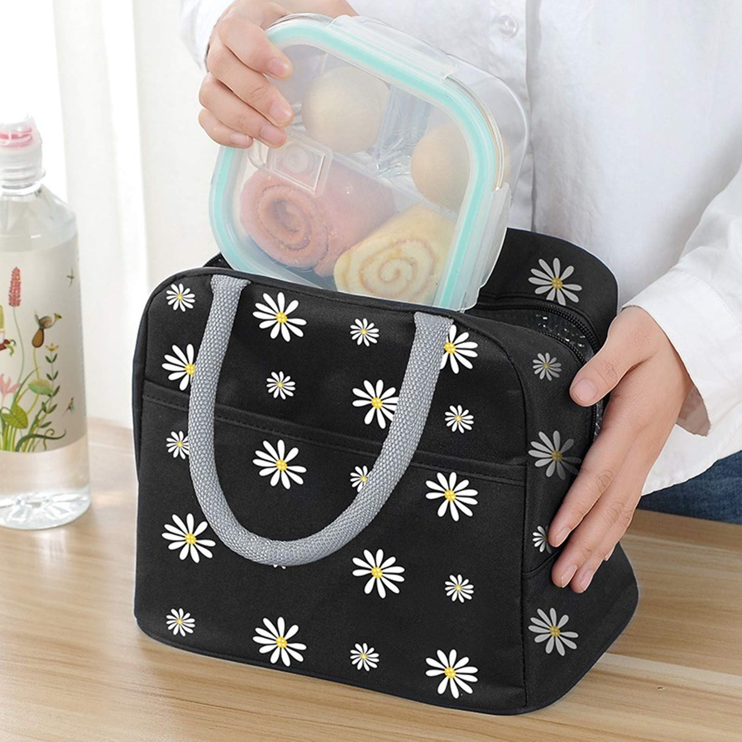 Elionless Insulated Lunch Bag, Portable Thermal Lunch Bags Cooler Bag Daisy Pattern Lunch Box Organizer Tote Bag for Women Adults Kids Girls Work School Picnic Camping Travel (Black) Black