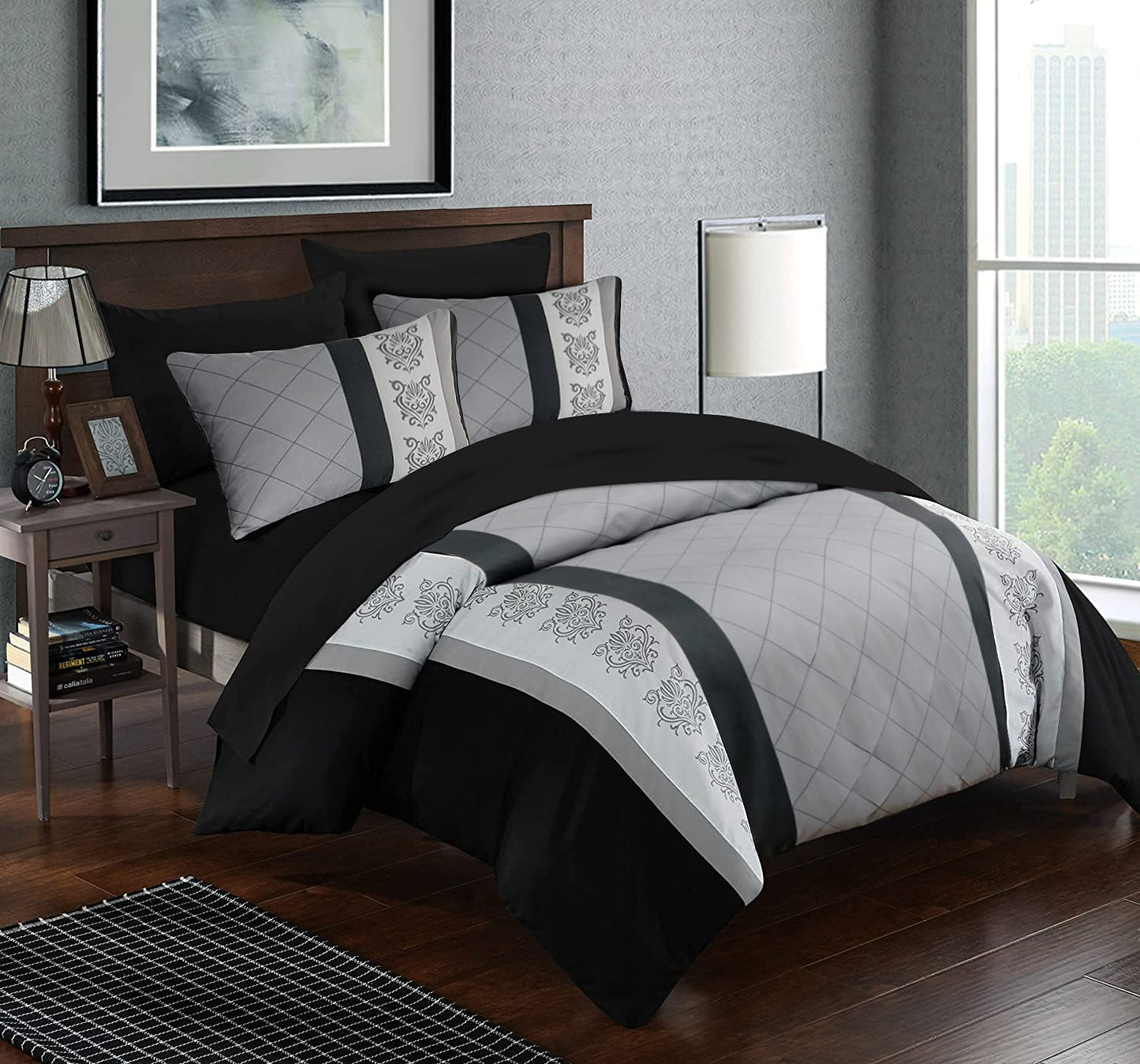 LAZZARO King Size Duvet Set, Non-Iron Kingsize Duvet Covers Bedding Sets, 3 Pcs with Zipper Closure + 2 Pillowcases 230 cm x 220cm Black/White/Grey