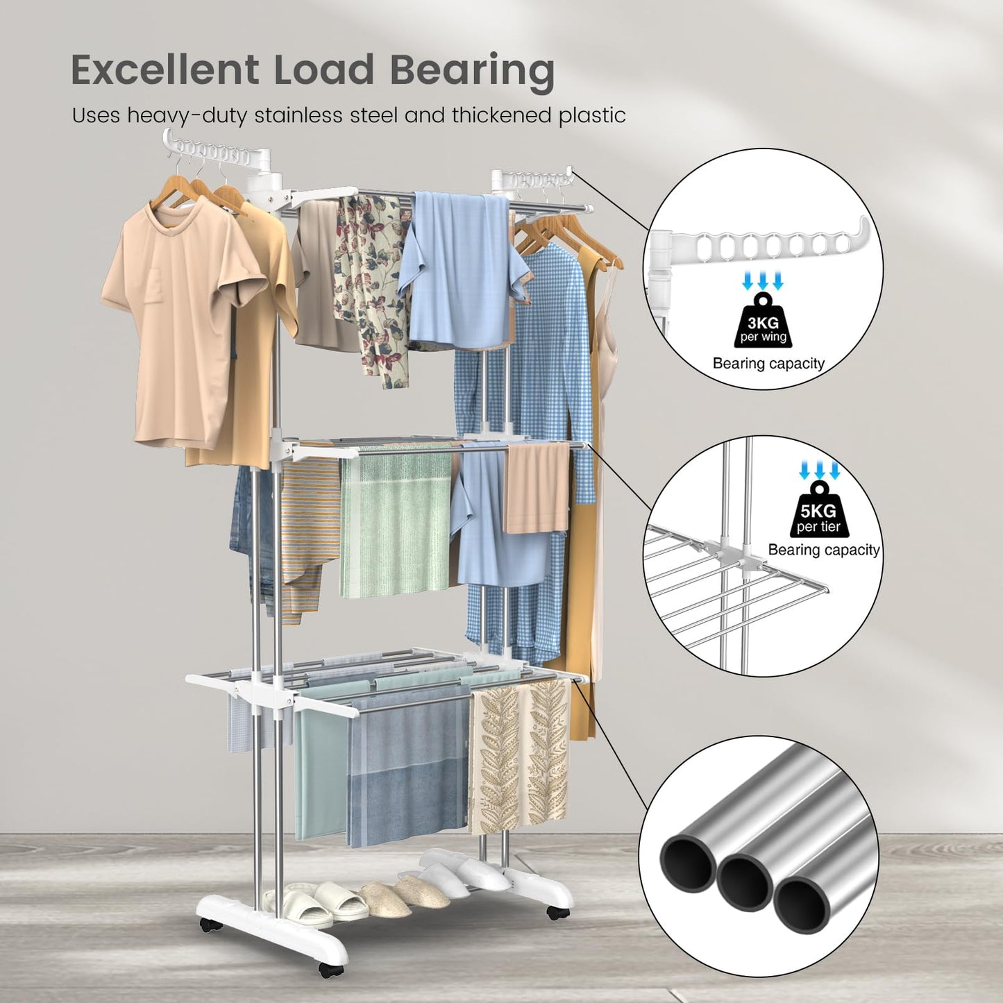 Innotic Clothes Drying Rack 4-Tier Foldable Standing Washing Airer Large Space Movable Laundry Hanger Dryer for Home Garden Storage Indoor (White-Grey) White-grey