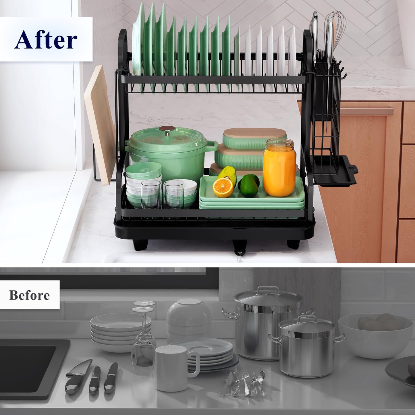 Kitsure 2 Tier Dish Drainer, Multifunctional Dish Drying Rack, Rustproof Kitchen Dish Drying Rack with Drainboard & Utensil Holder, Space-Saving Dish Rack with a Large Capacity for Kitchen Counter