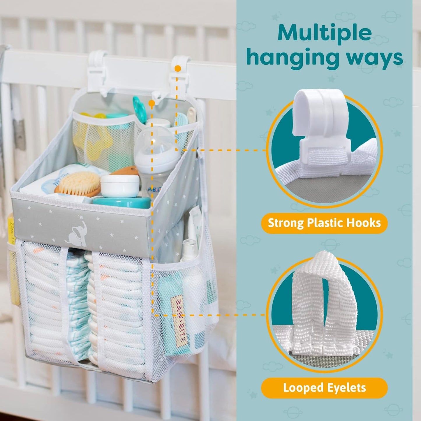 Cradle Star Hanging Changing Table Organizer - Cot Organizer - Nursery Organizer - Hanging Storage Door - Baby Changing Organizer with Multiple Compartments - 43 x 23 x 23 cm - Grey Light Grey