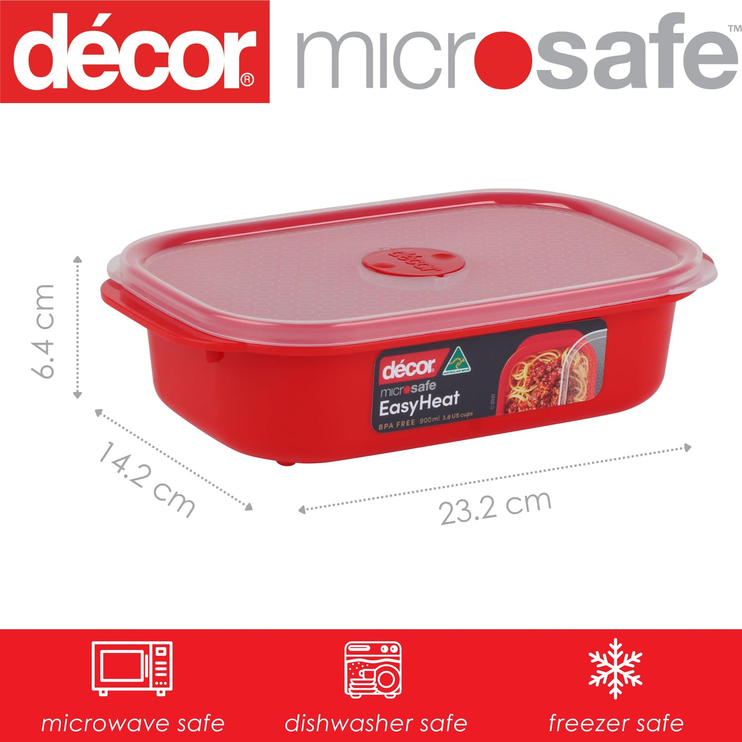 Décor Microwave Food Containers Set | 3 Pack - 3 x 900ml | Steam Release Vent | Dishwasher & Freezer Safe | Red 900ml 3 Pack Oblong