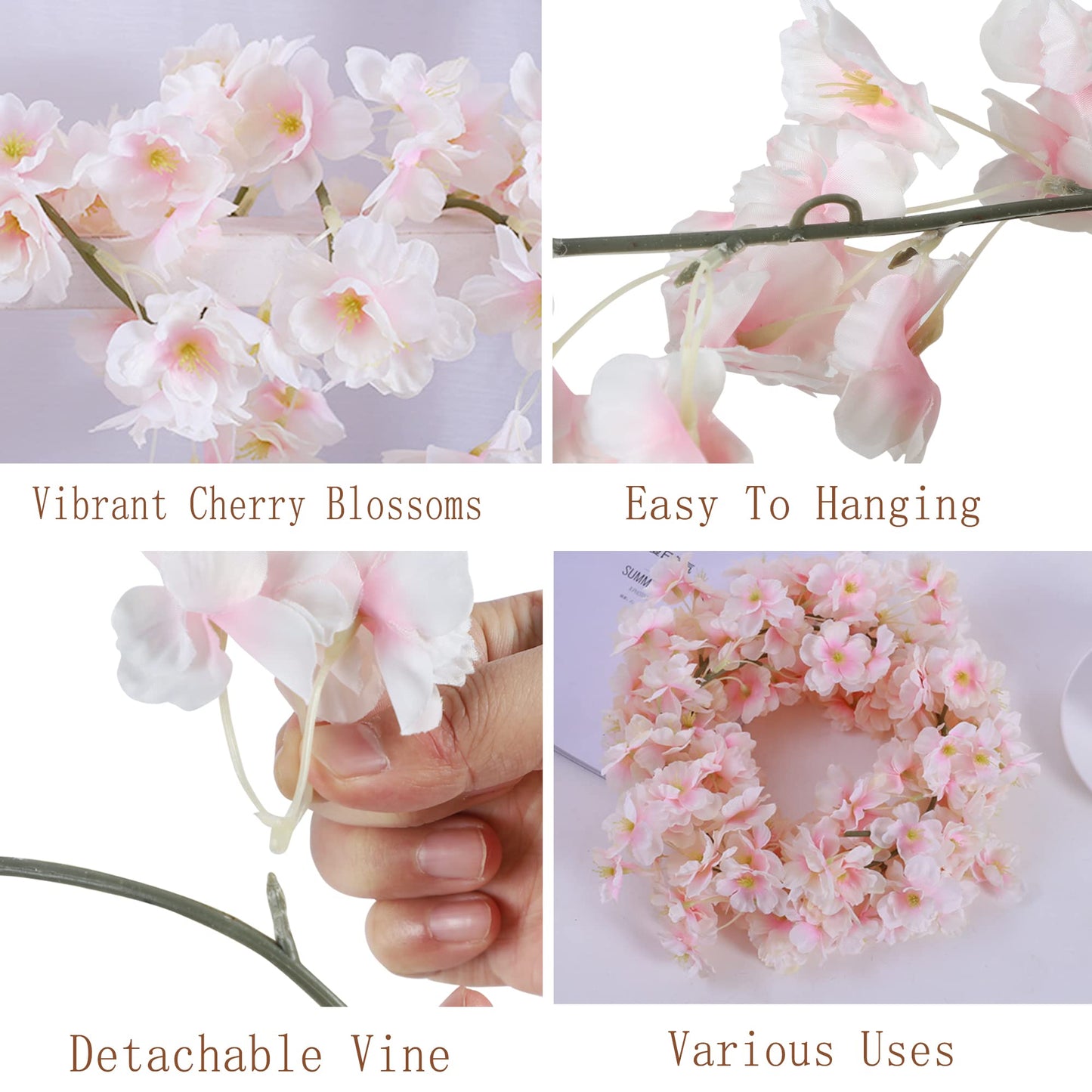 Homcomodar 2 Pack Artificial Silk Cherry Blossom Hanging Vine Garland for Wedding Home Garden Party Decor (Pink) Pink