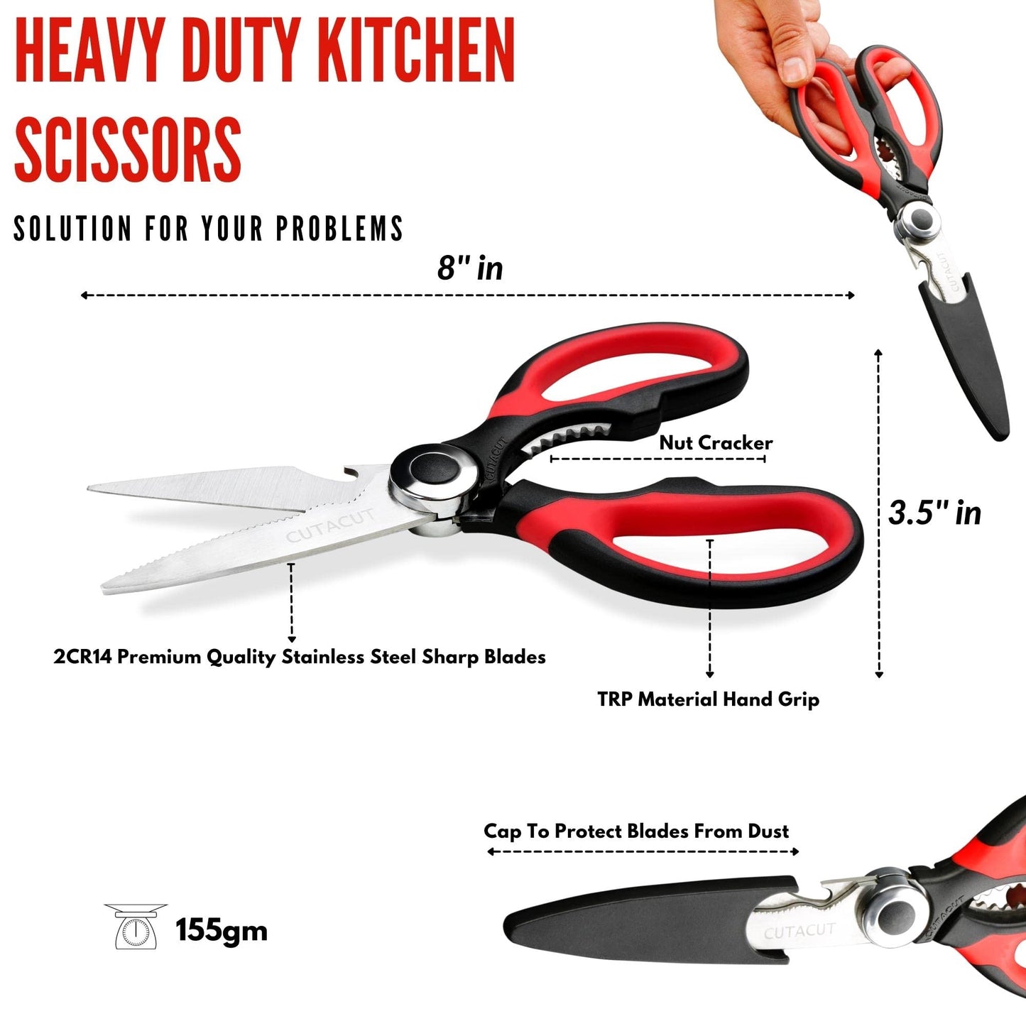 Cutacut Kitchen Scissors Stainless Steel Sharp Blades with TPR Grip - Multipurpose Kitchen Scissors Heavy Duty for Meat, Chicken, Fish, Vegetables, and Herbs – Bottle Opener. (Red) RED