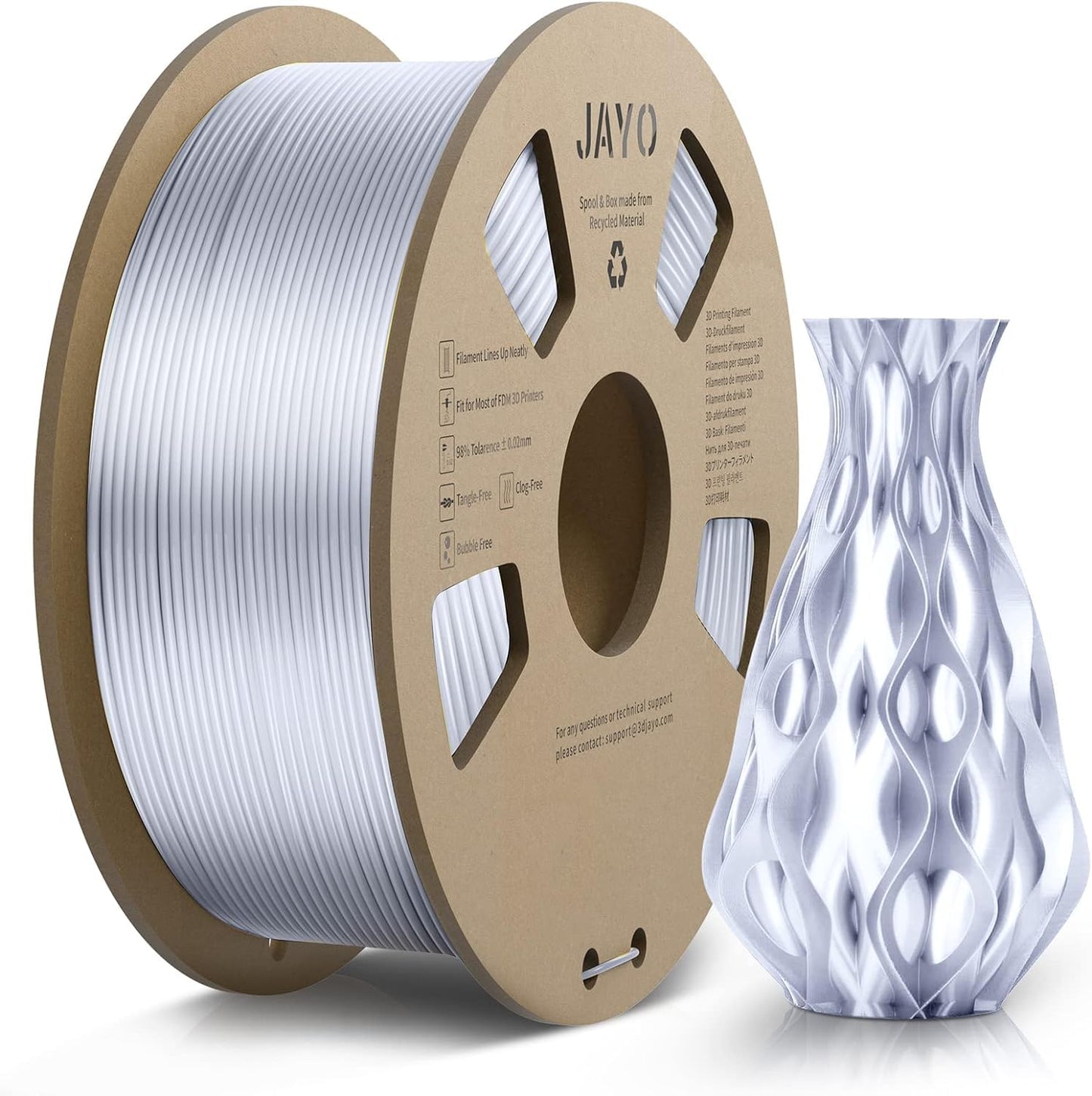 JAYO PLA Silk Filament 1.75mm, Shiny PLA 3D Printer Filament, 1.1kg Spool, Dimensional Accuracy +/- 0.02, Silk PLA Silver 1.1kg Silver