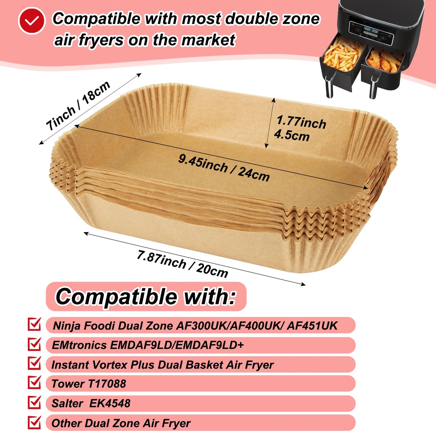 BYKITCHEN 100pcs Air Fryer Liners for Ninja Dual, Air Fryer AF300UK AF400UK Accessories, Disposable Parchment Paper Liner, Compatible with Ninja, Salter, Tower and Other Dual Zone Air Fryer 100PCS-20.5cm*13.5cm