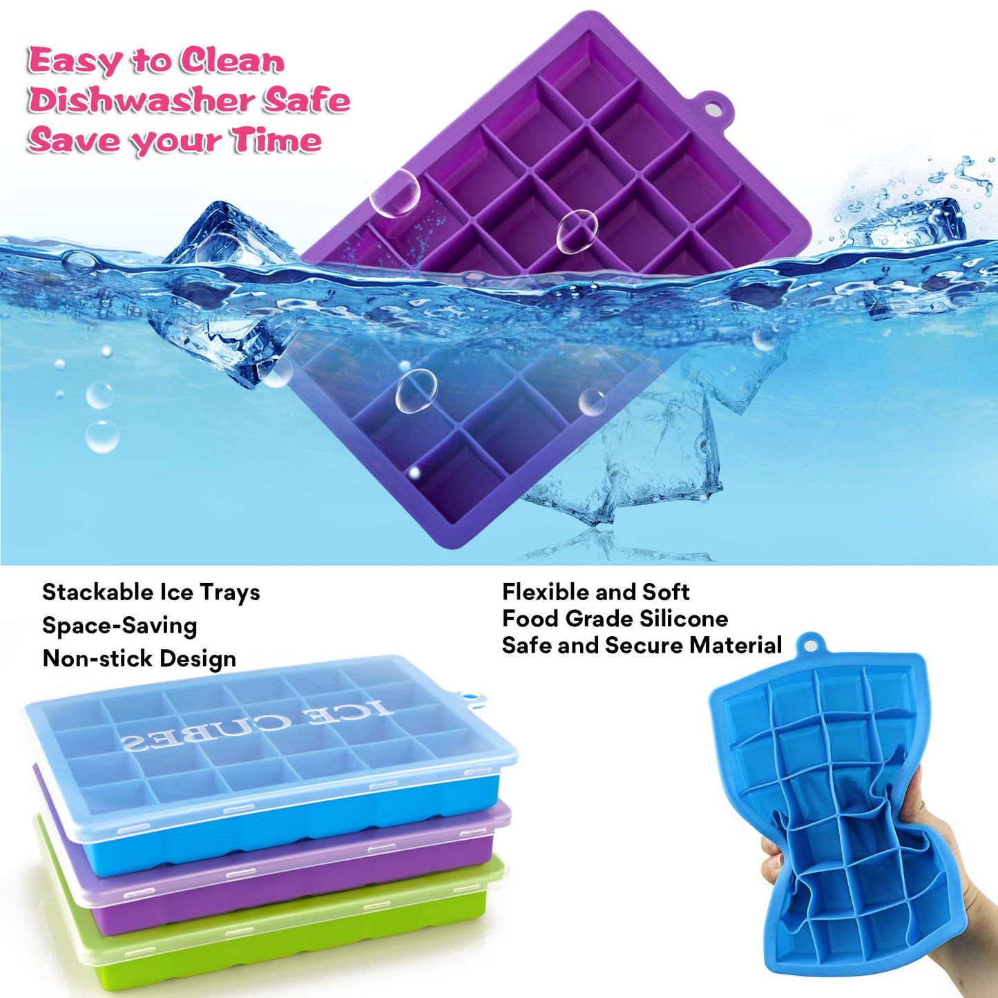 Ice Cube Trays 3 Pack, Morfone Silicone Ice Molds with Removable Lid Easy-Release Flexible Ice Cube Tray 24 Cubes per Tray for Cocktail, Whiskey, Baby Food, Chocolate, BPA Free, LFGB Certified Blue/Green/Purple