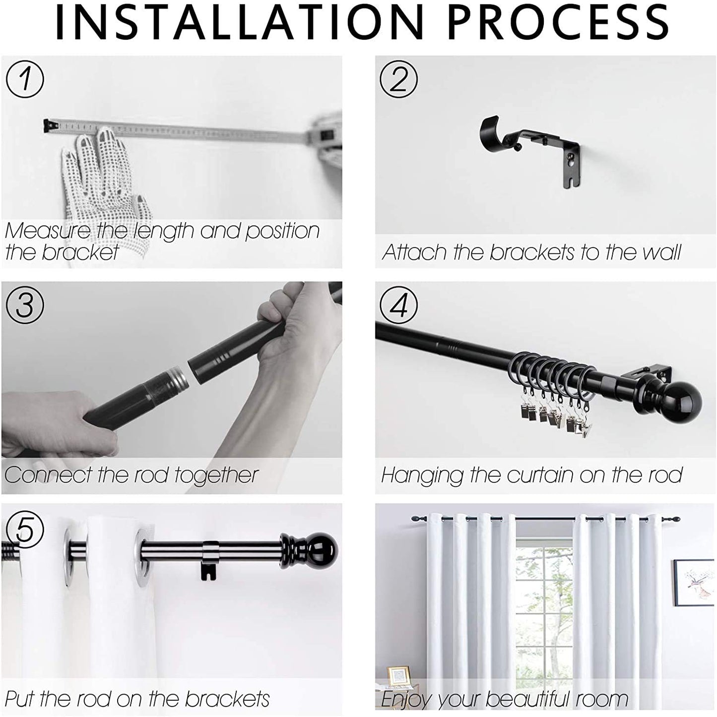 Curtain Pole with Round Finials, 76 to 221 cm Silver Curtain Rod with Brackets Fittings Set Window Poles for Living Room